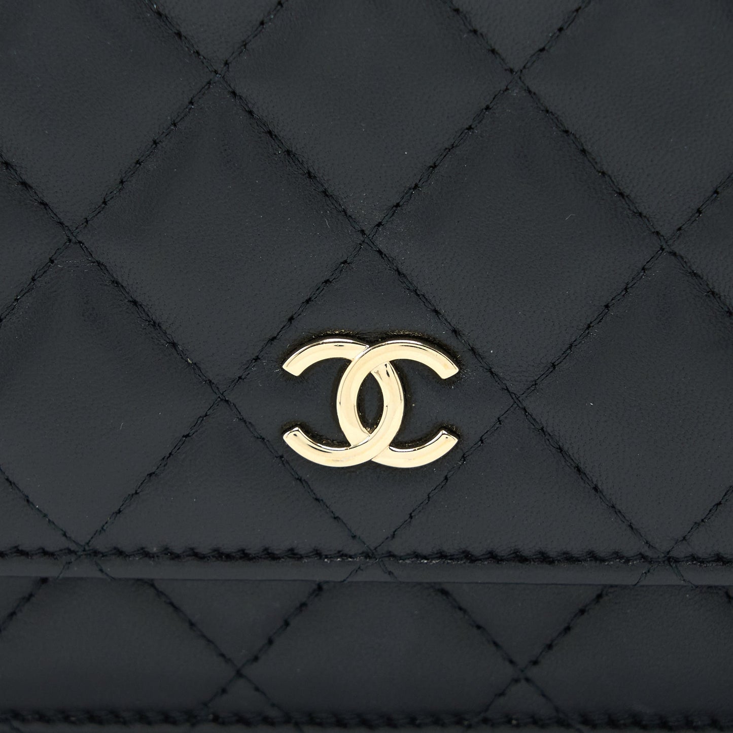 Chanel Quilted Wallet on Chain with Camellia Chain Lambskin Black L