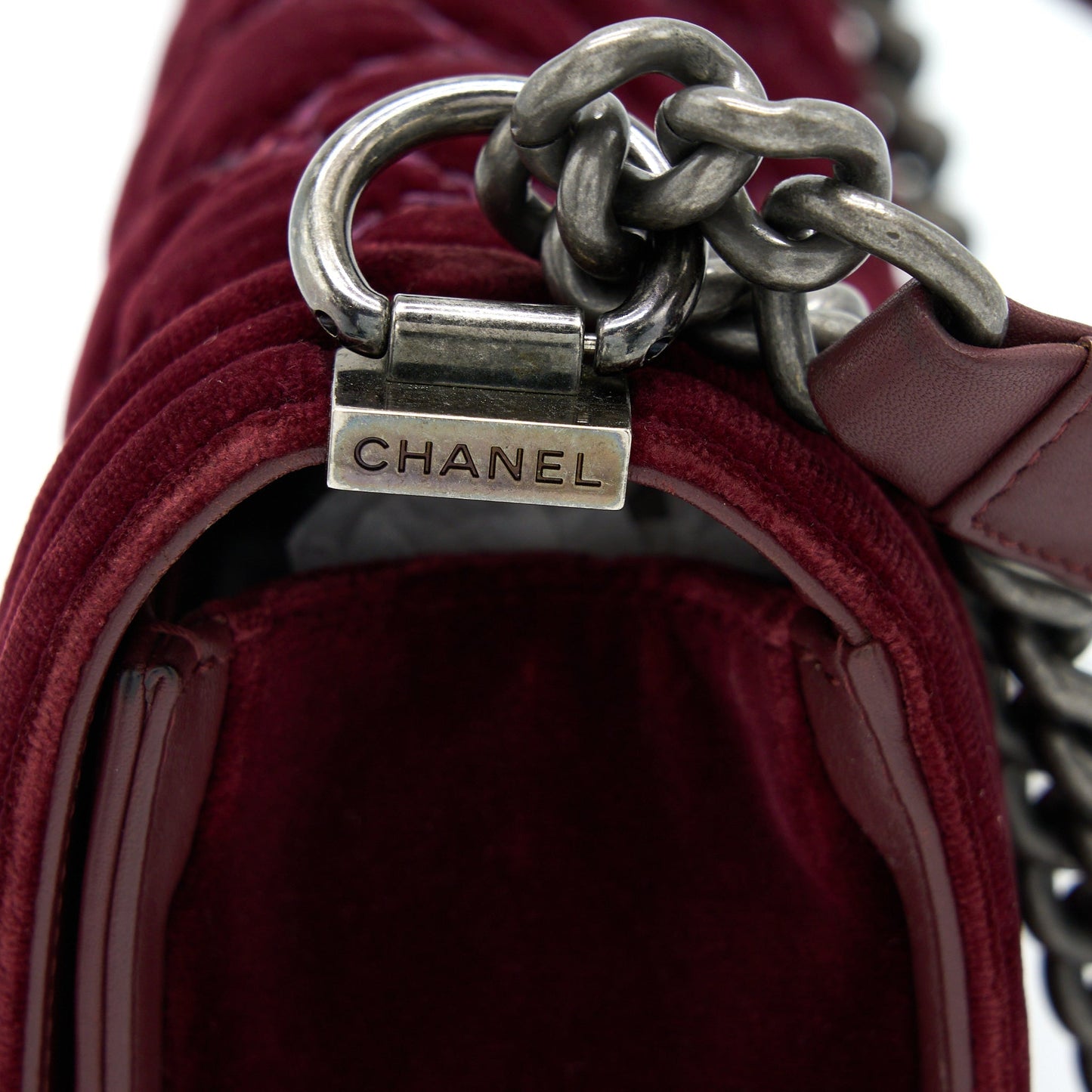 Chanel Medium Boy Bag Velvet Dark Red Ruthenium