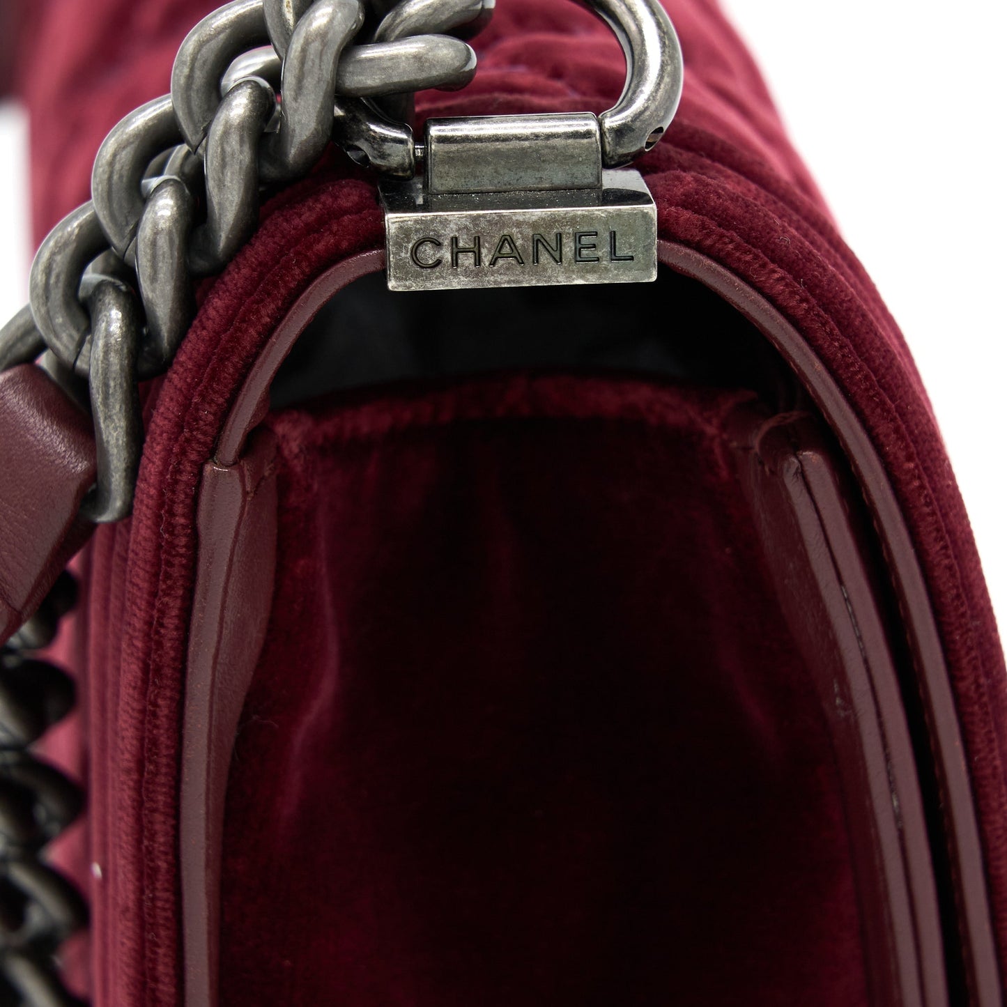 Chanel Medium Boy Bag Velvet Dark Red Ruthenium