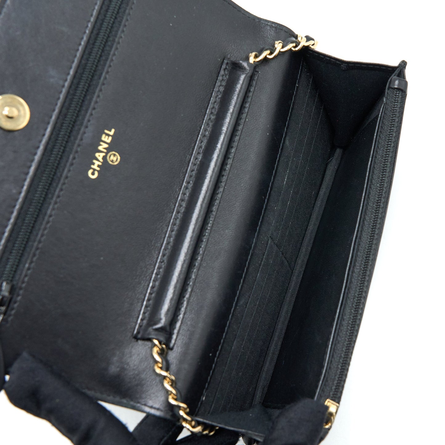 Chanel Quilted Wallet on Chain with Camellia Chain Lambskin Black L