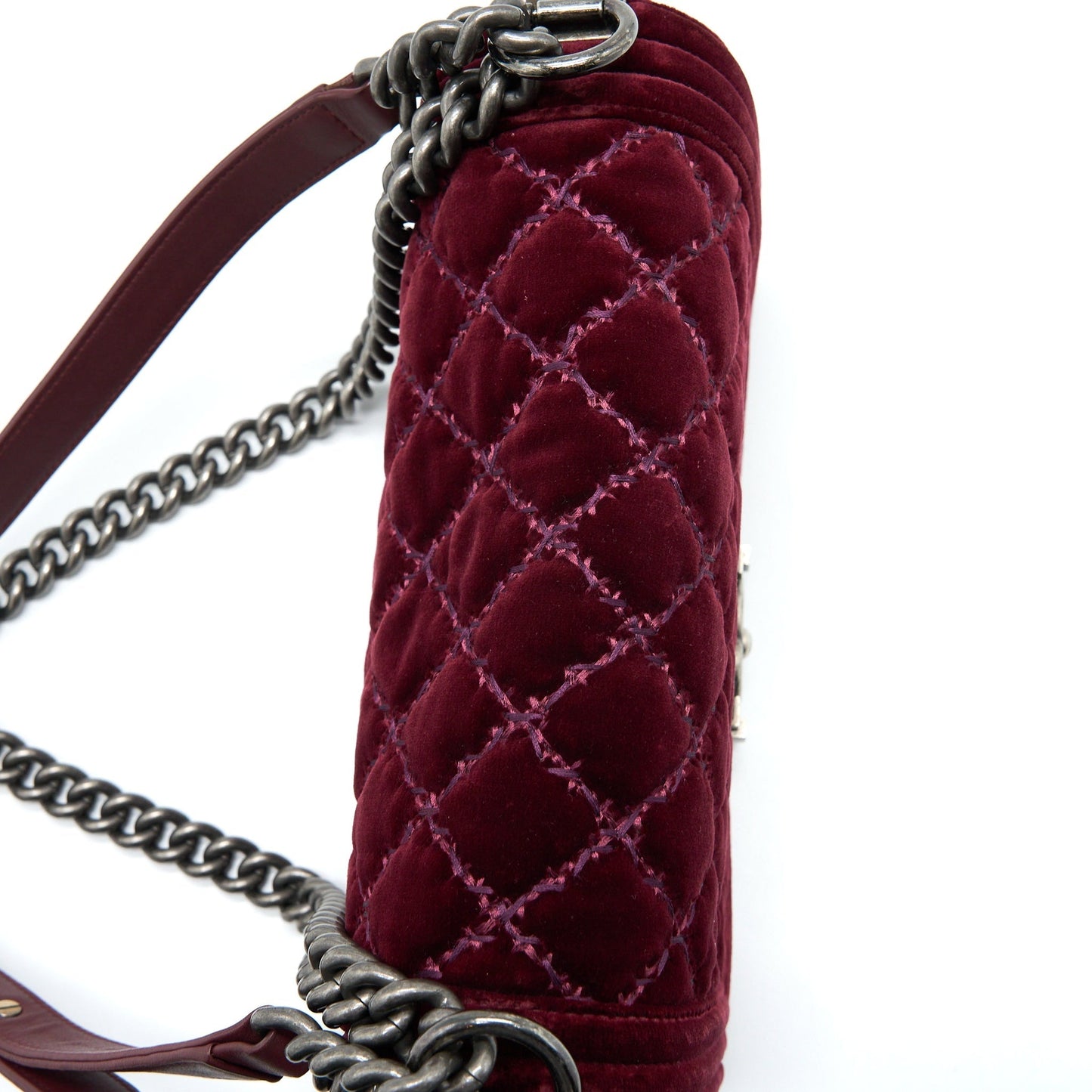 Chanel Medium Boy Bag Velvet Dark Red Ruthenium