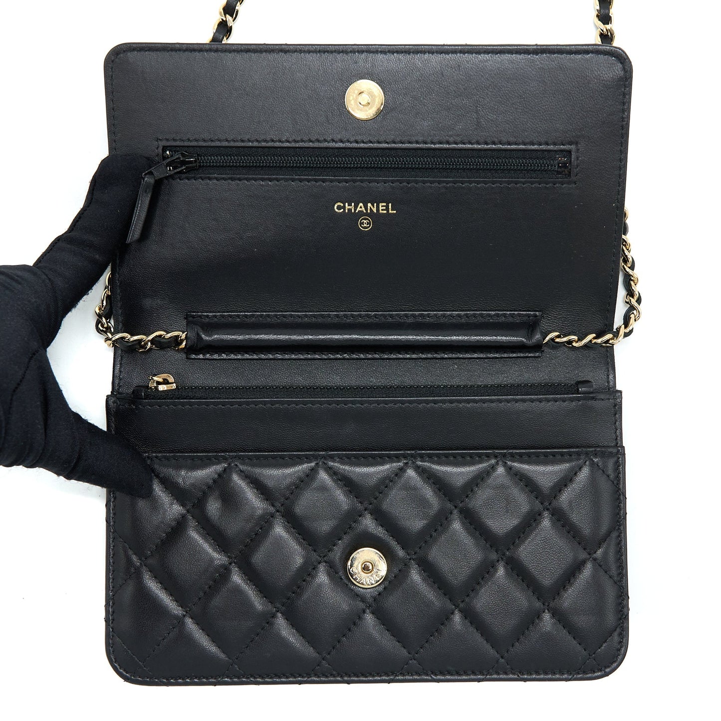 Chanel Quilted Wallet on Chain with Camellia Chain Lambskin Black L