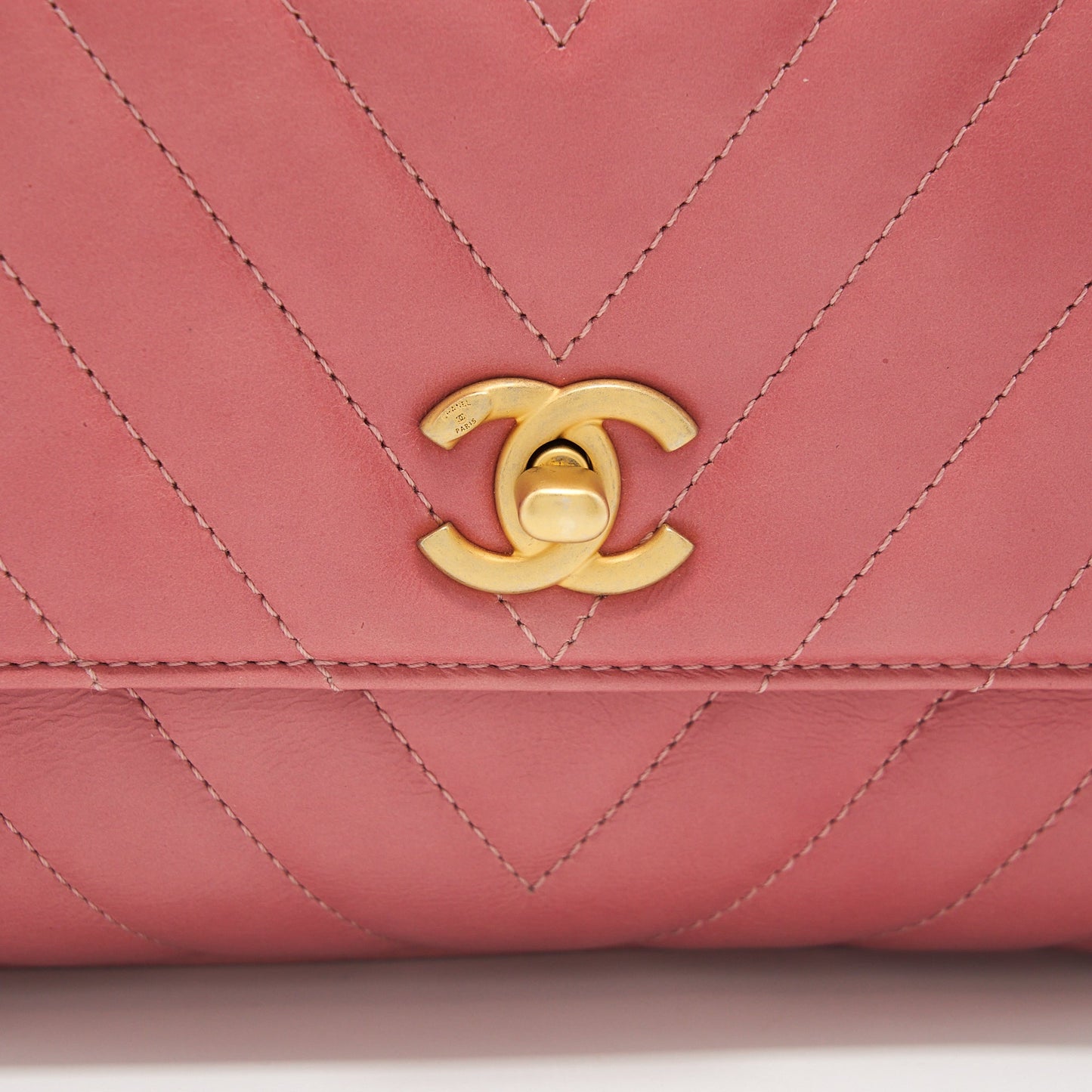 Chanel Small Coco Handle Chevron Calfskin With Lizard Handle Pink