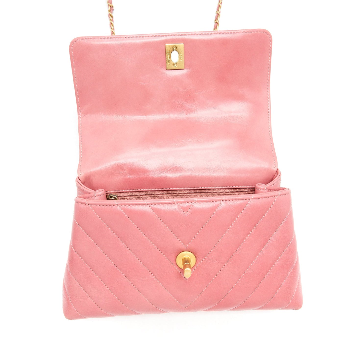 Chanel Small Coco Handle Chevron Calfskin With Lizard Handle Pink