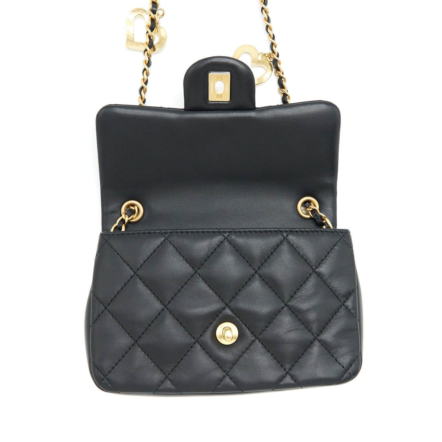 Chanel seasonal Mini Rectangular Flap Bag Heart Charm Chain Lambskin Black  (Microchip)
