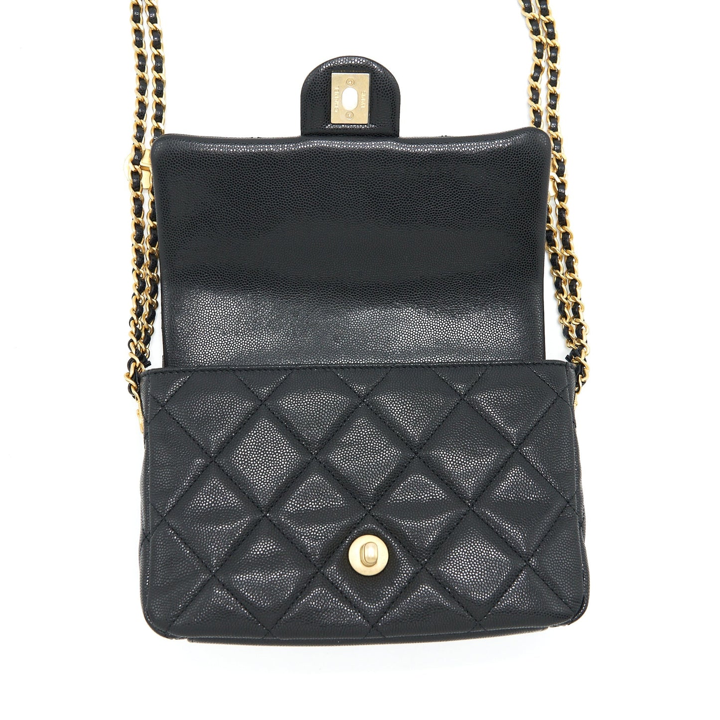 Chanel 22A Small Flap Bag With Button On Chains Caviar Black Brushed
