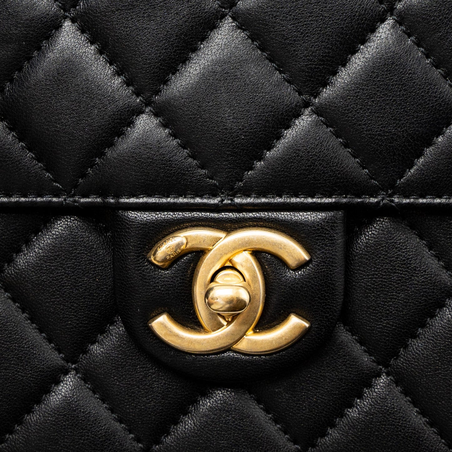 Chanel Square Pearl Flap Bag Lambskin Black Brushed
