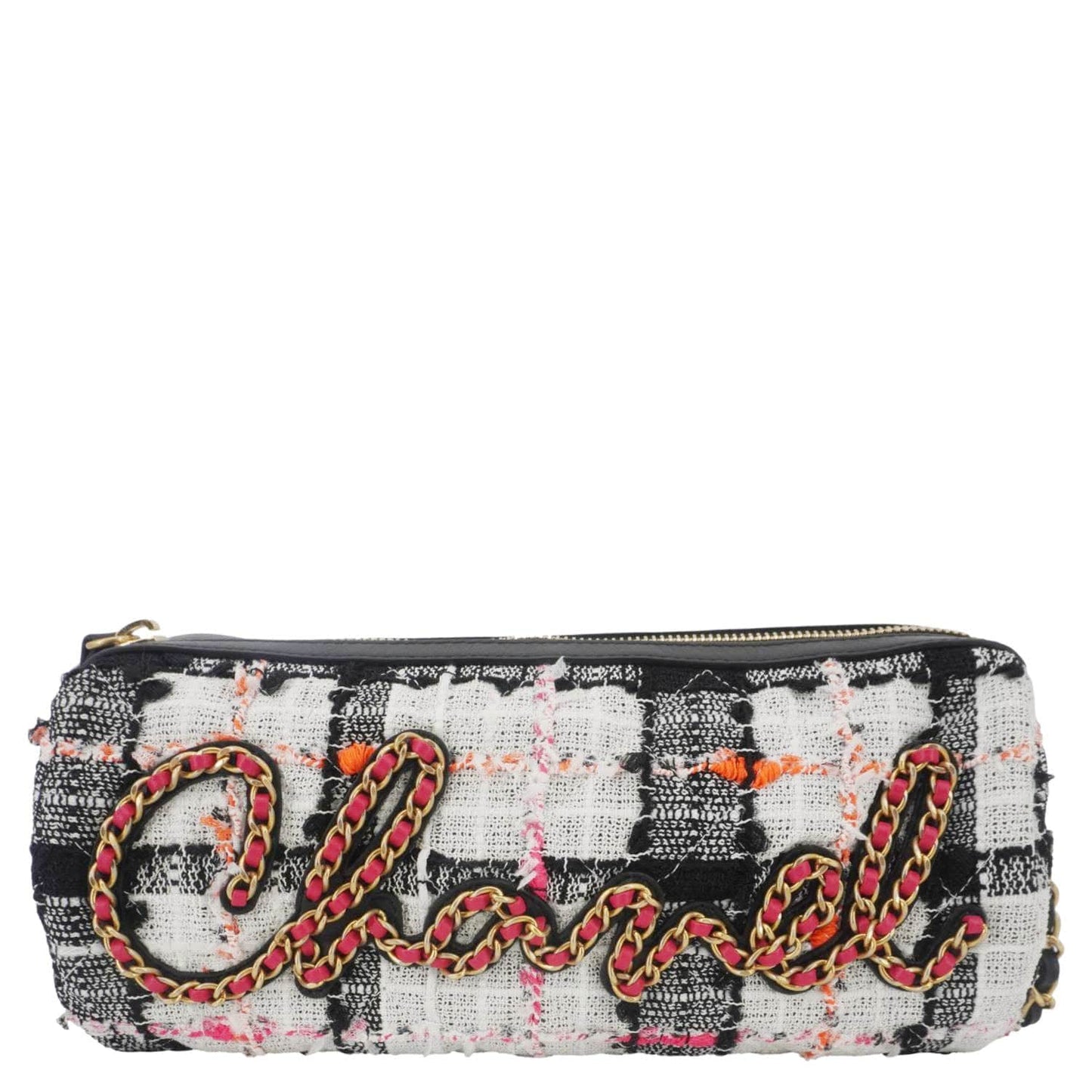 CHANEL Tweed Calfskin Signe Bowling Shoulder Bag Multicolor