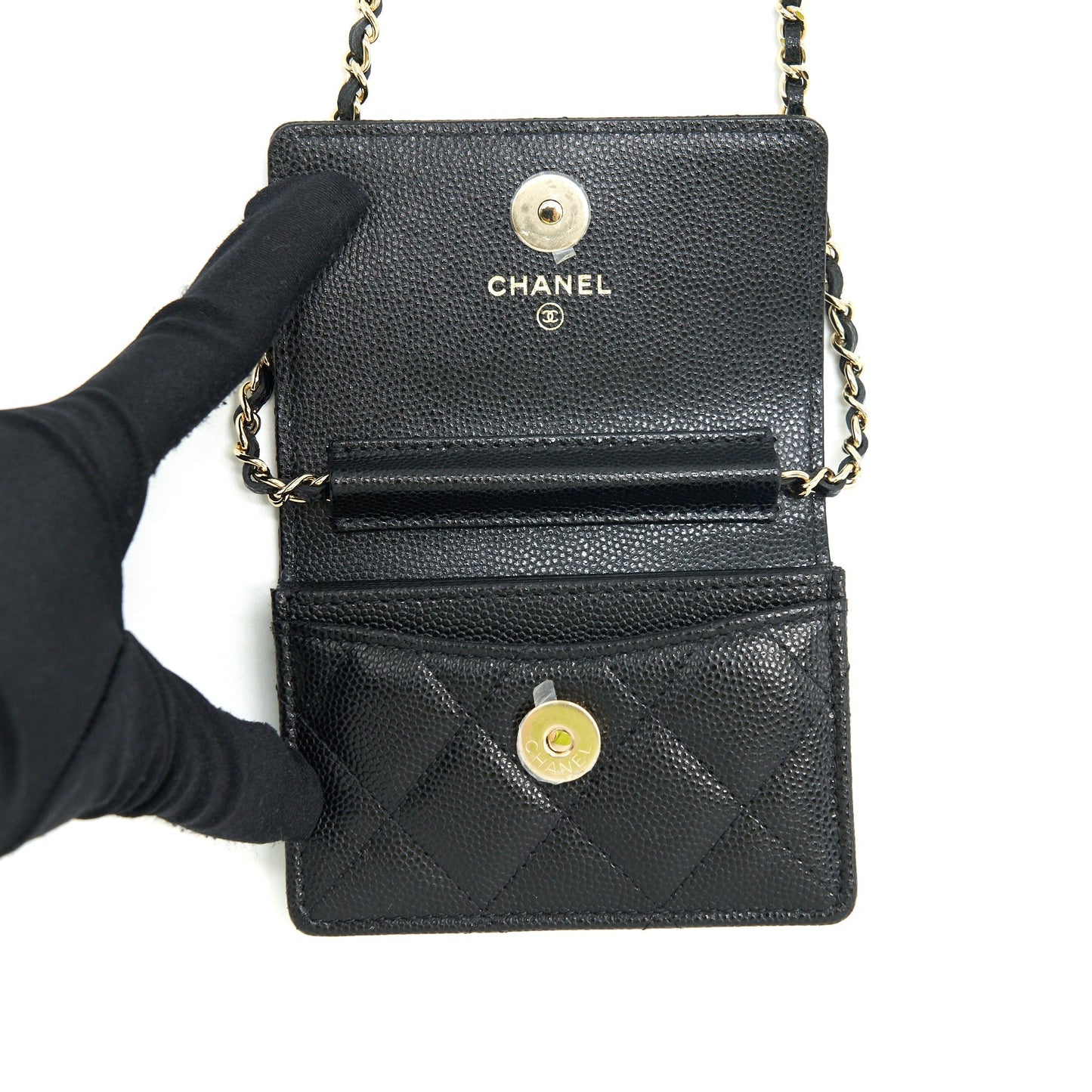 Chanel 21k Caviar mini flap cardholder with chain black L