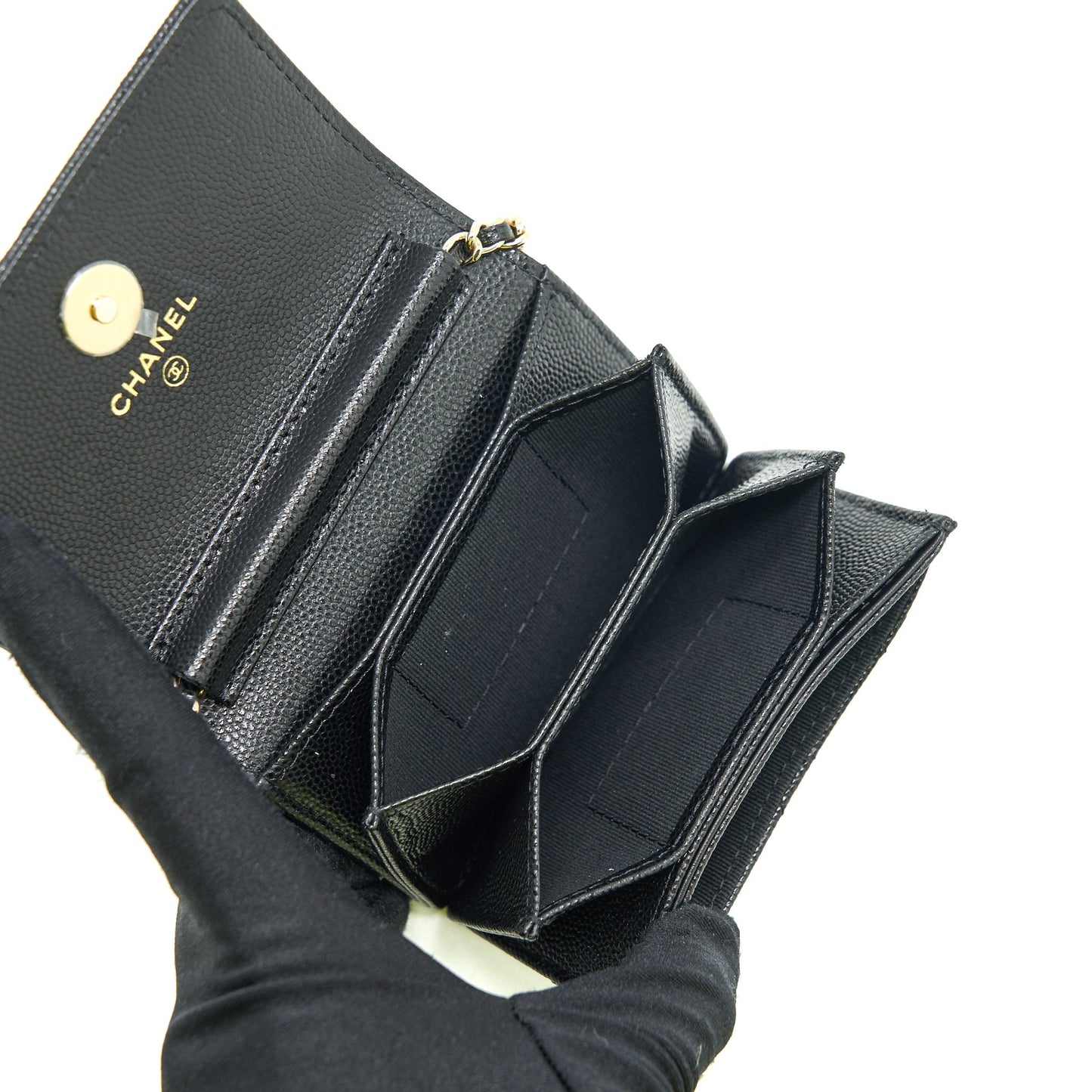 Chanel 21k Caviar mini flap cardholder with chain black L