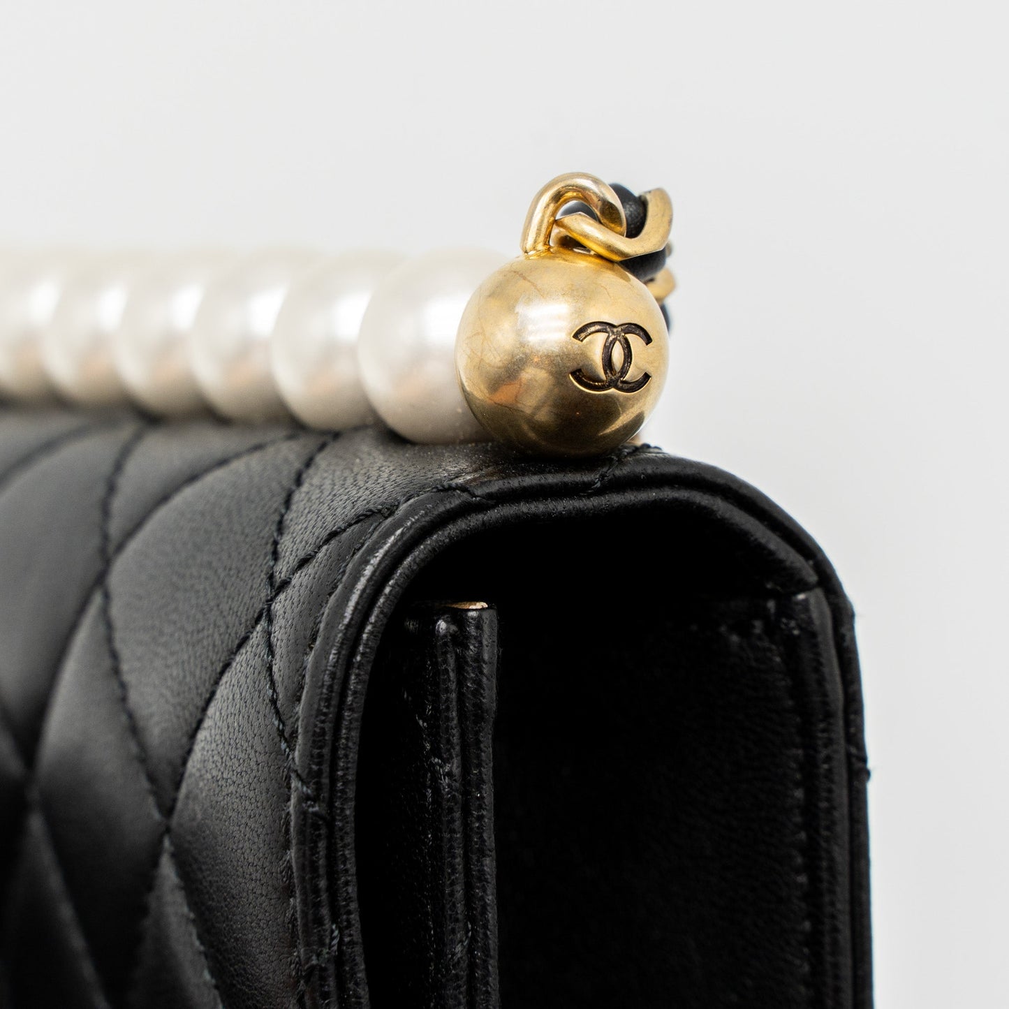 Chanel Square Pearl Flap Bag Lambskin Black Brushed