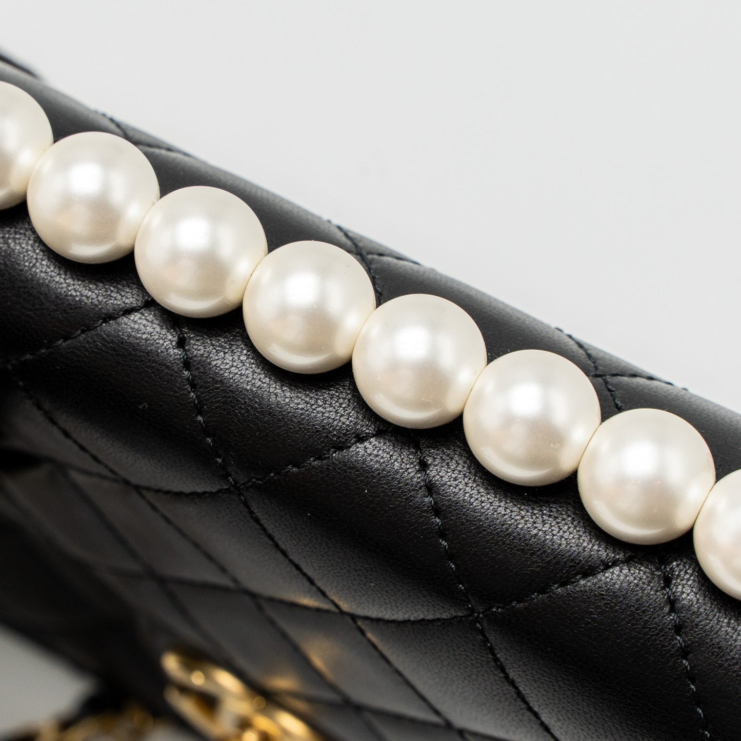 Chanel Square Pearl Flap Bag Lambskin Black Brushed