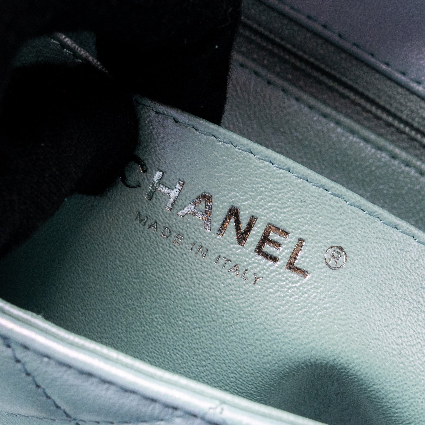 Chanel 21K mini rectangular flap bag calfskin iridescent light blue  (microchip)