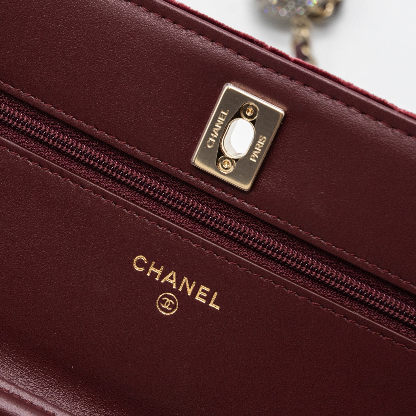 Chanel Crystal Pearl Crush Wallet On Chain Velvet Burgundy L