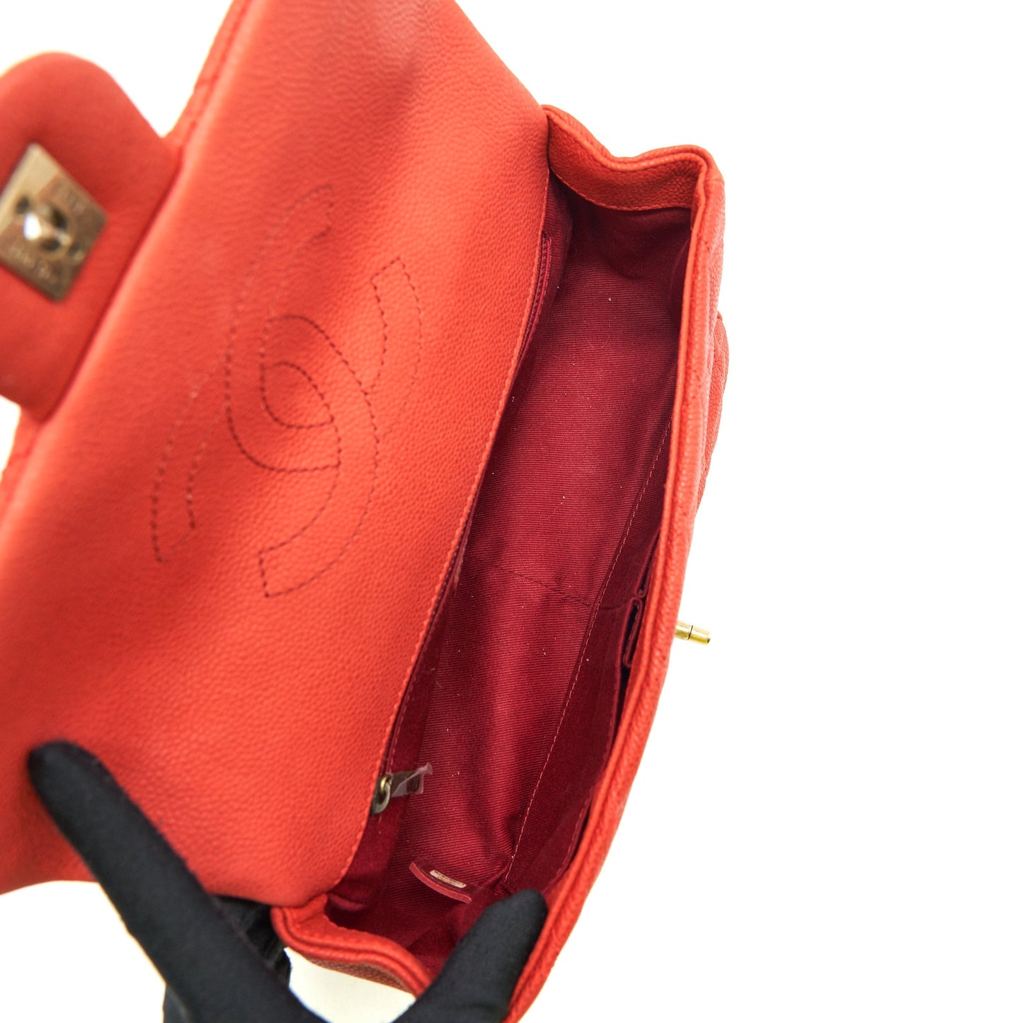 Chanel top handle rectangular flap bag grained calfskin red