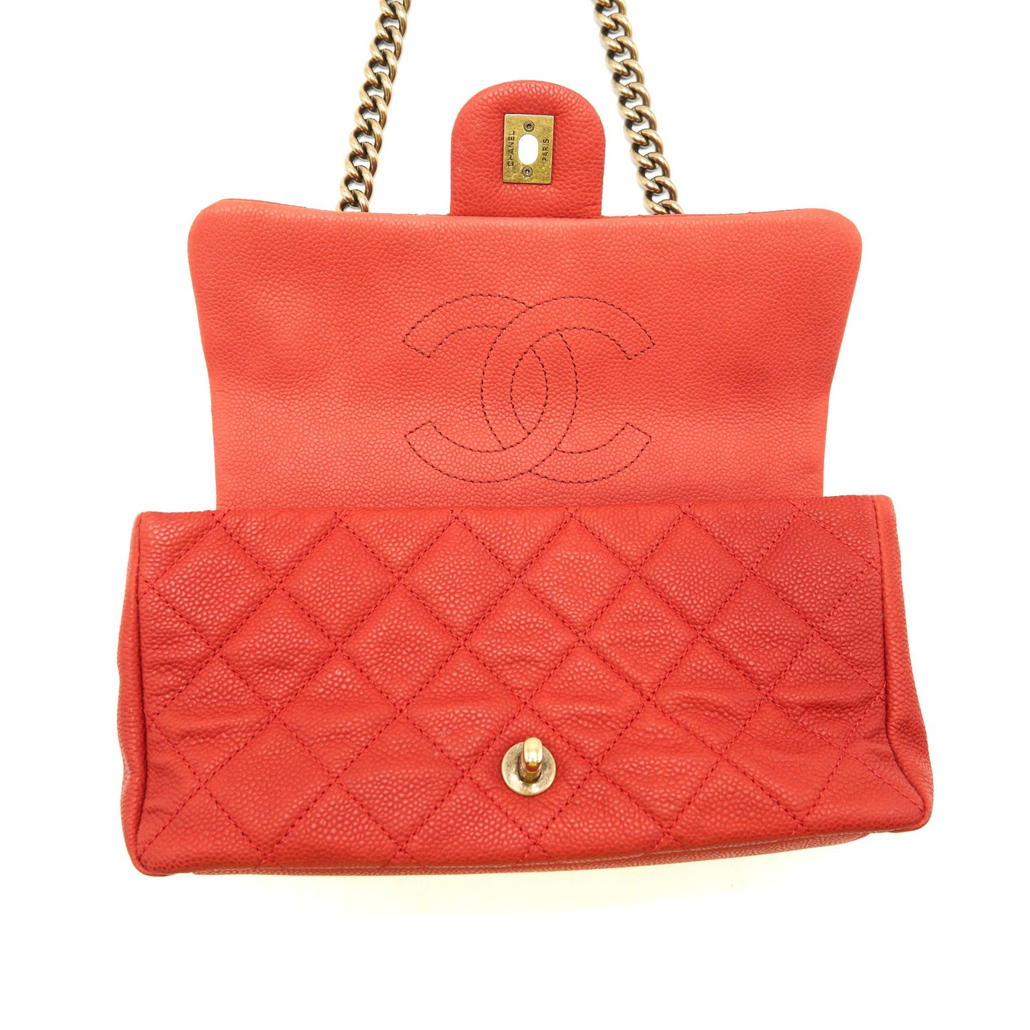 Chanel top handle rectangular flap bag grained calfskin red