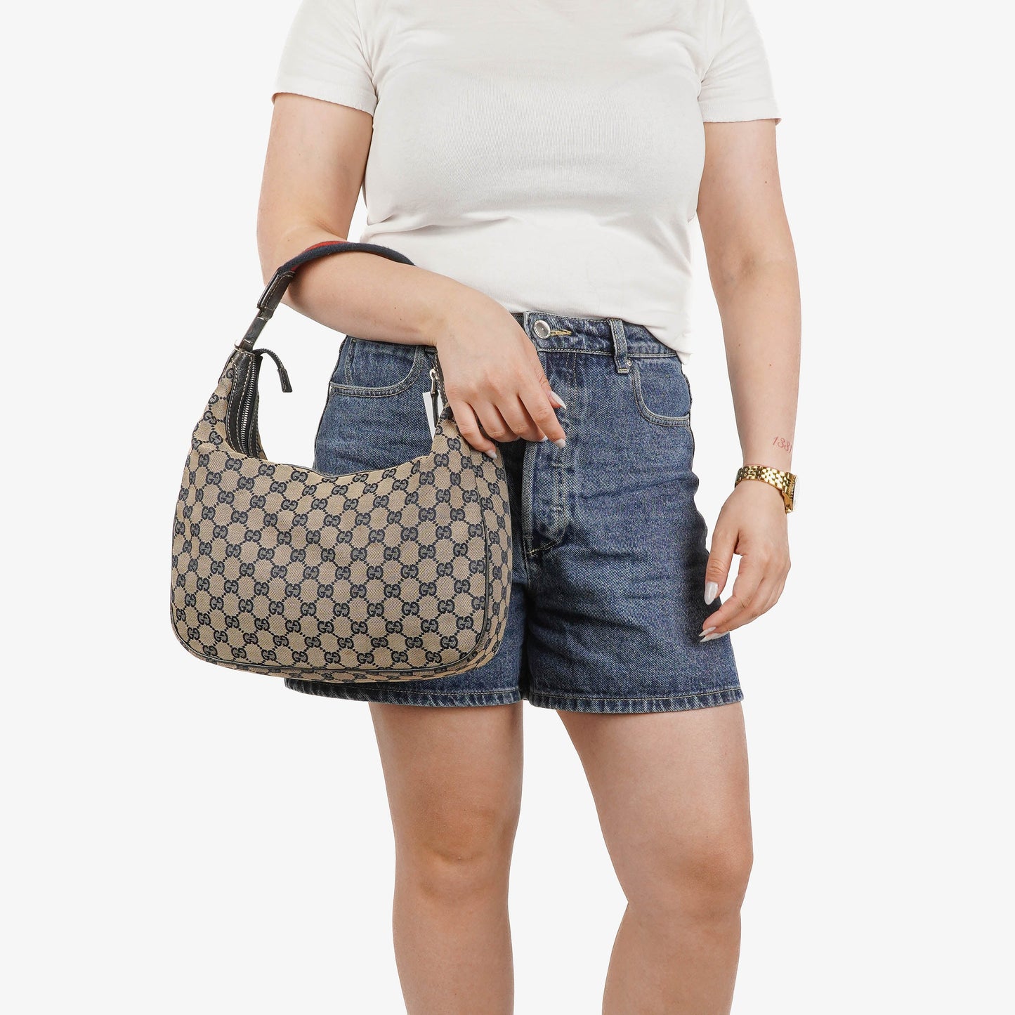 Gucci Charmy Navy GG Canvas Sherry Line Hobo Bag