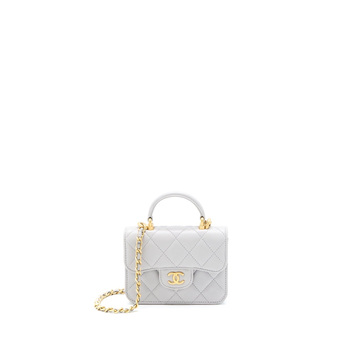 Chanel Mini Top Handle Flap Bag Lambskin Light Grey Brushed