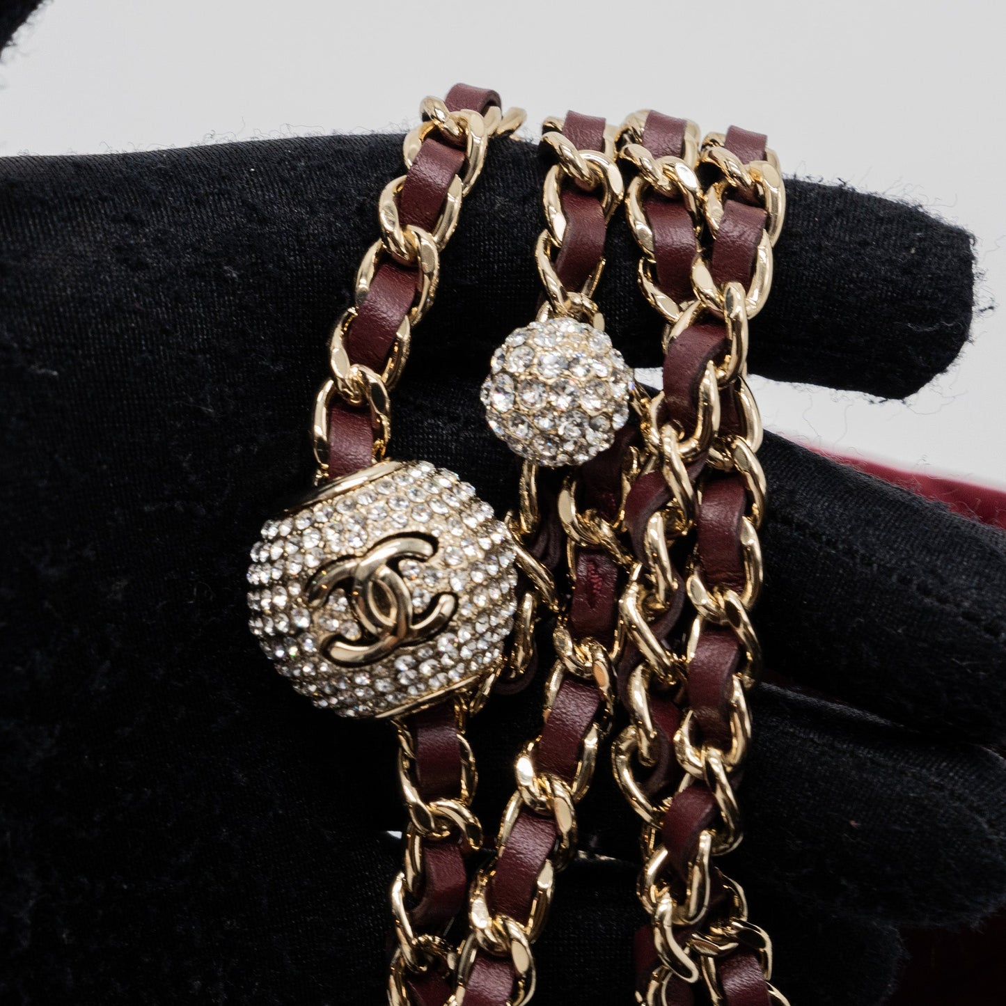 Chanel Crystal Pearl Crush Wallet On Chain Velvet Burgundy L