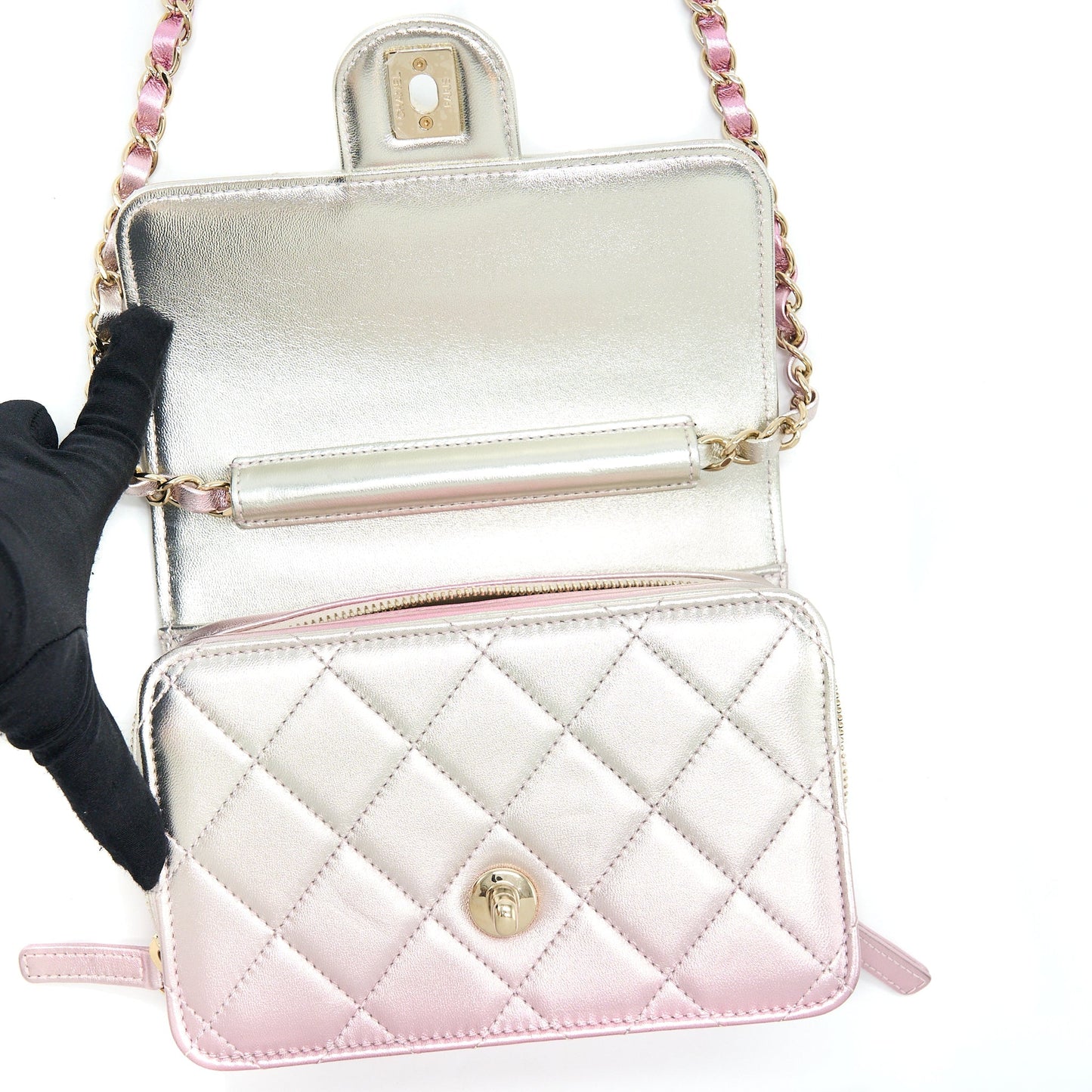Chanel 21P Crossbody Flap Bag Lambskin Iridescent Pink L