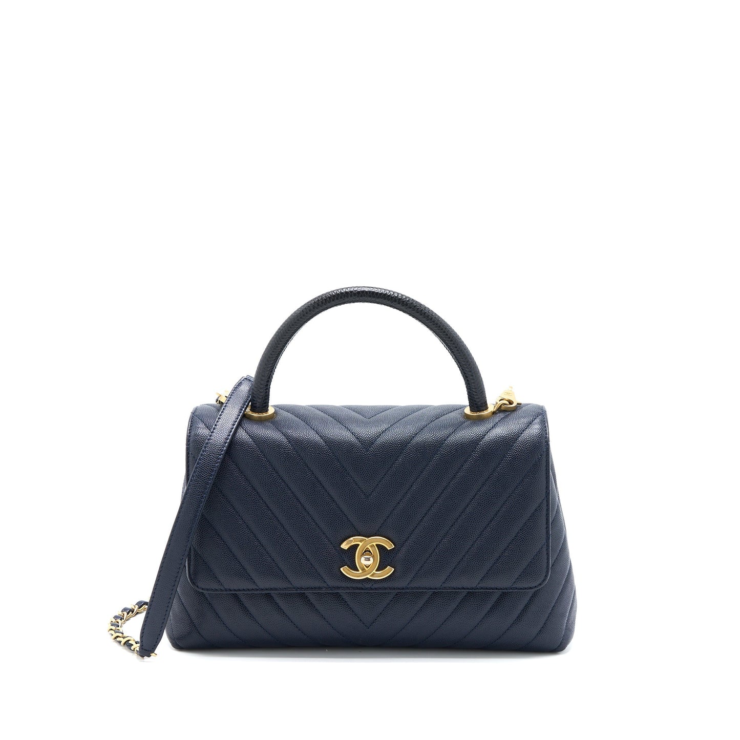 Chanel Medium Chevron Coco Handle Bag Caviar with Lizard Handle Navy Brushed