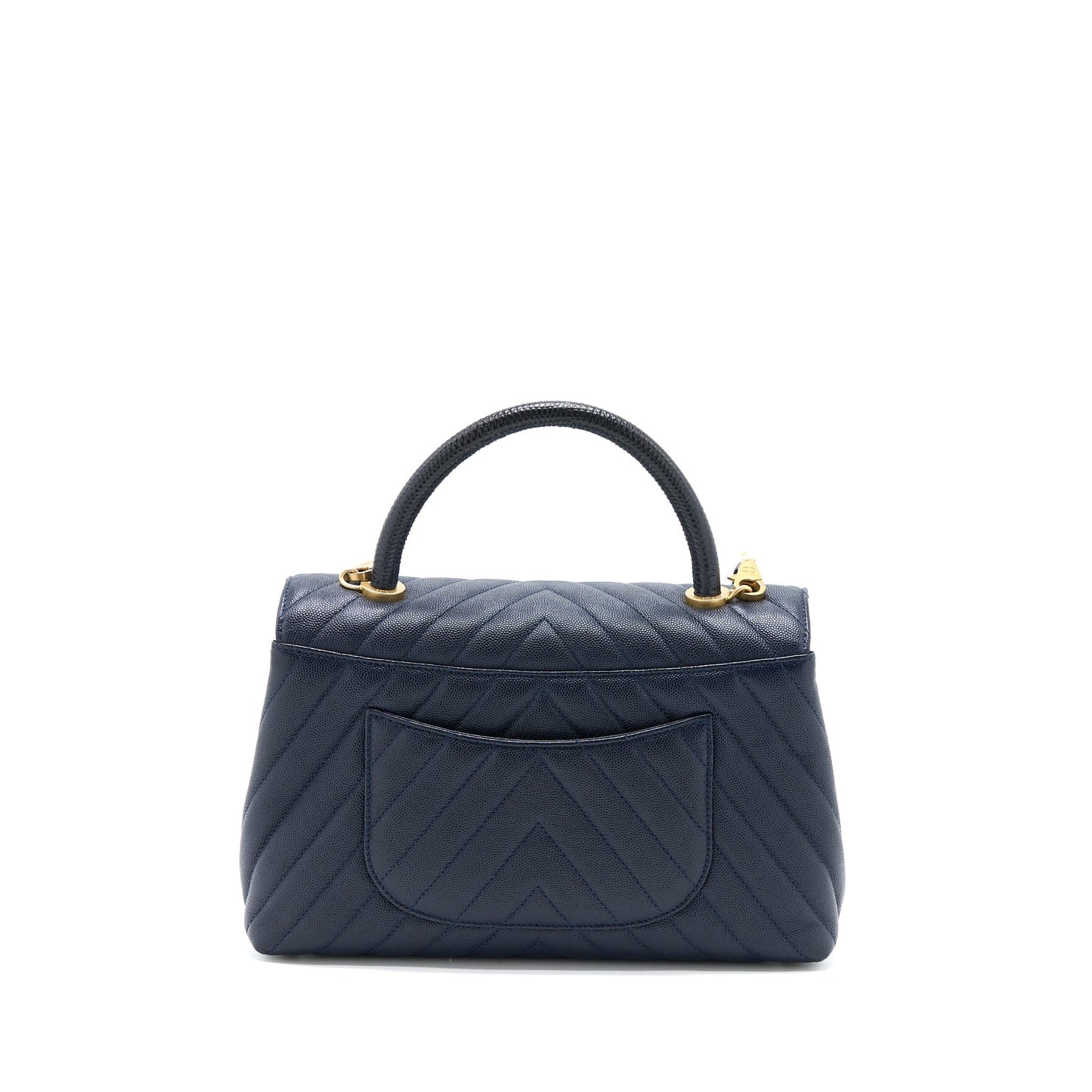 Chanel Medium Chevron Coco Handle Bag Caviar with Lizard Handle Navy Brushed