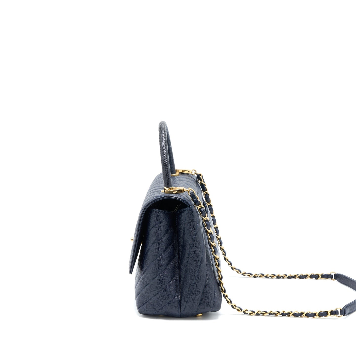 Chanel Medium Chevron Coco Handle Bag Caviar with Lizard Handle Navy Brushed