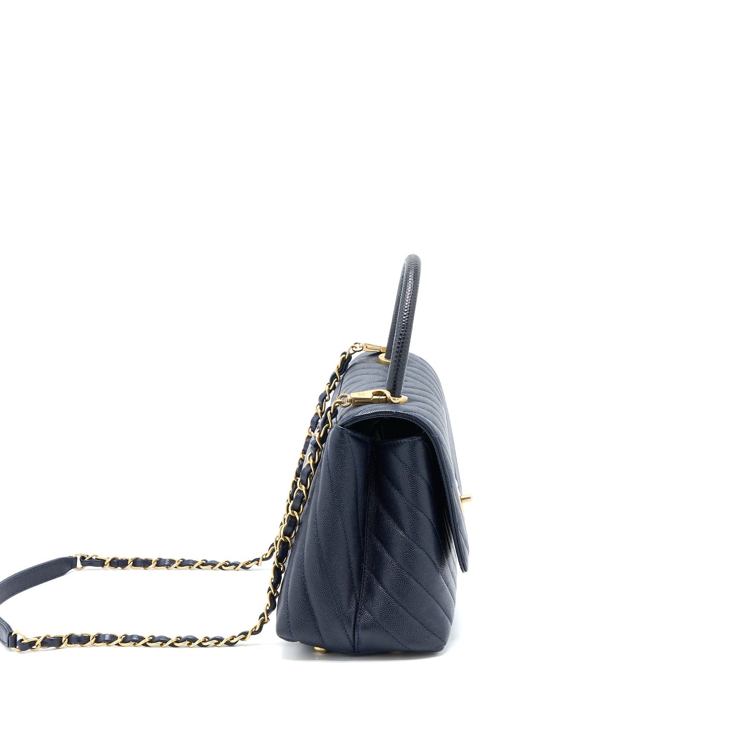 Chanel Medium Chevron Coco Handle Bag Caviar with Lizard Handle Navy Brushed