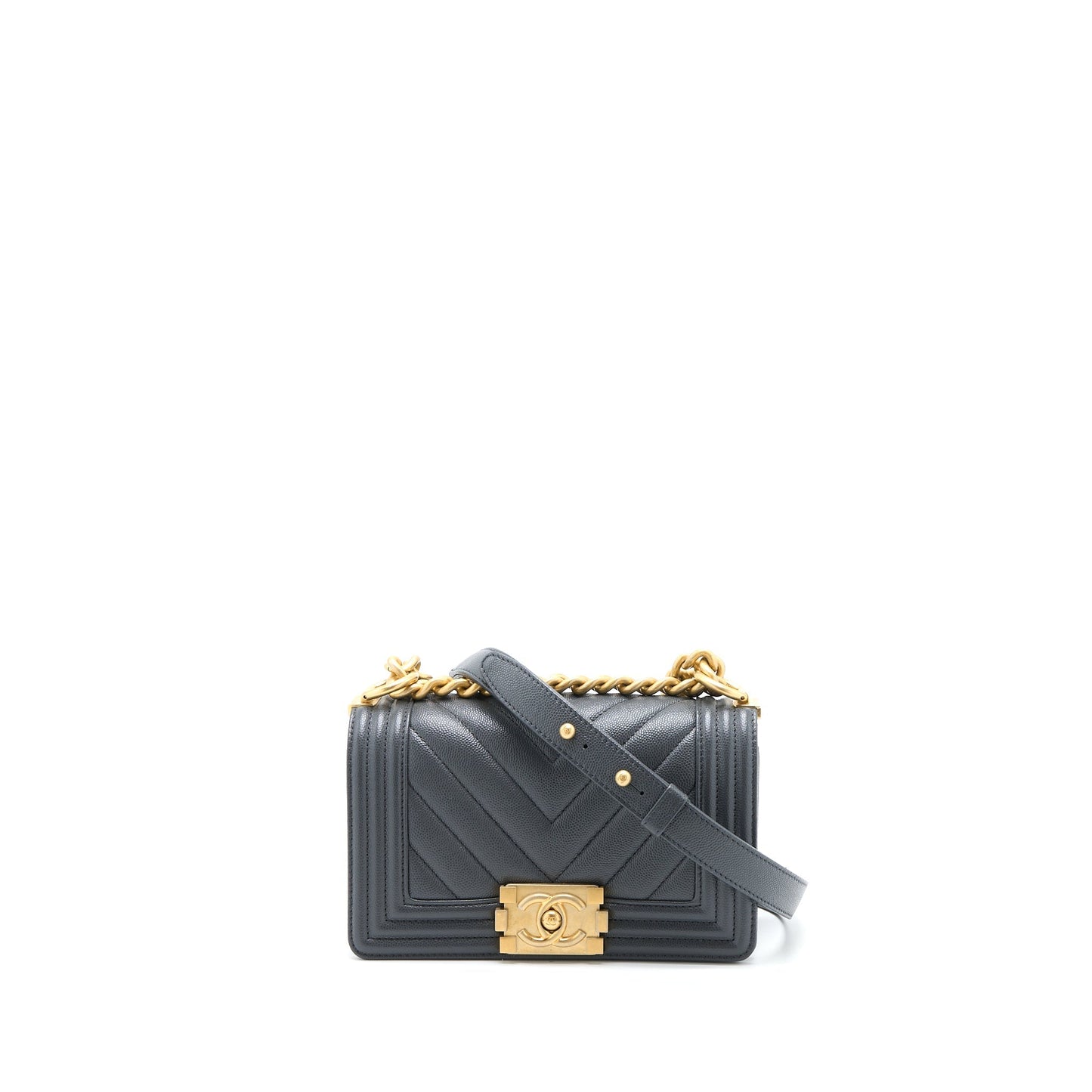 Chanel Small Boy Bag Chevron Caviar Dark Grey Brushed  (Microchip)
