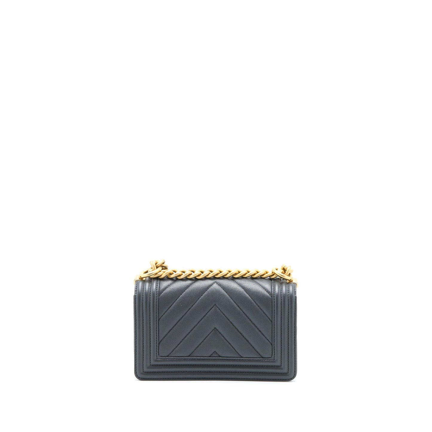 Chanel Small Boy Bag Chevron Caviar Dark Grey Brushed  (Microchip)