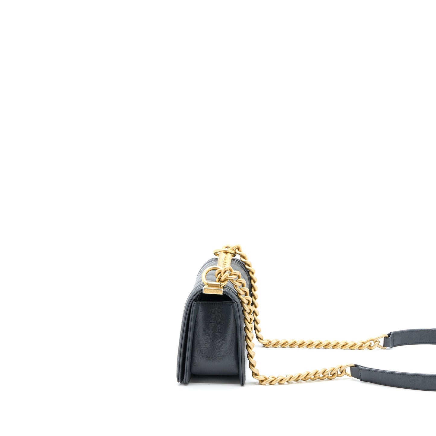 Chanel Small Boy Bag Chevron Caviar Dark Grey Brushed  (Microchip)