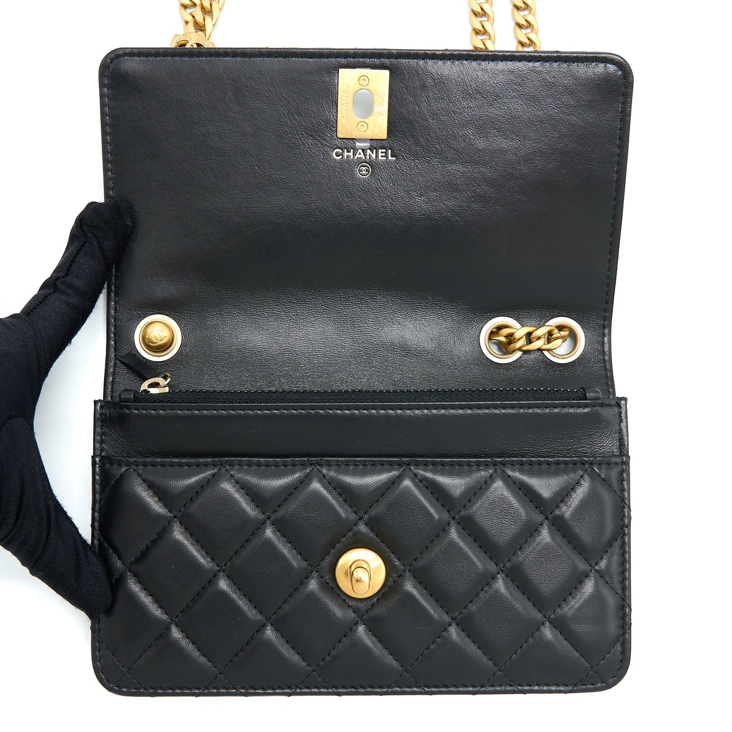 Chanel 22K Gold Pillar Wallet On Chain Lambskin Black