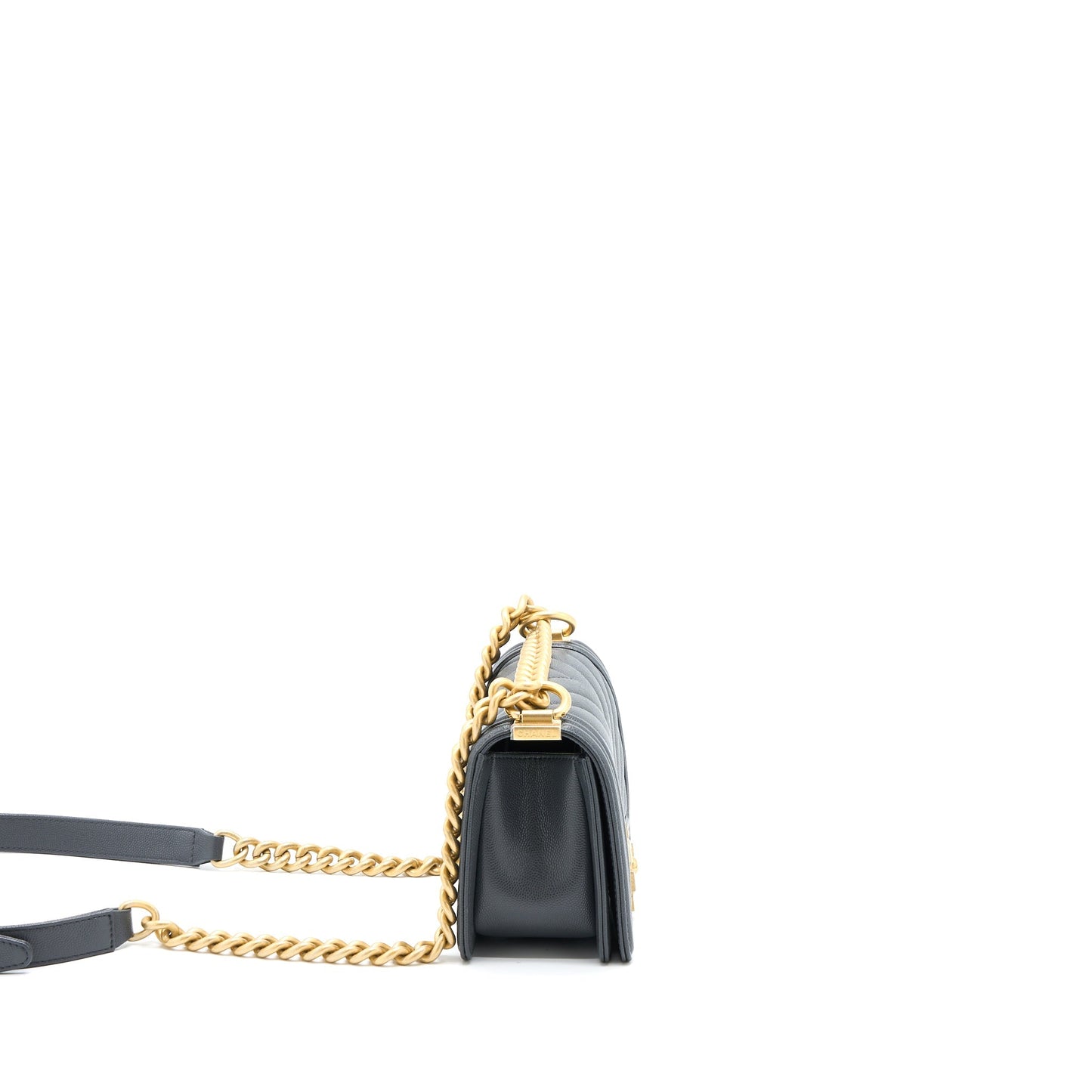 Chanel Small Boy Bag Chevron Caviar Dark Grey Brushed  (Microchip)