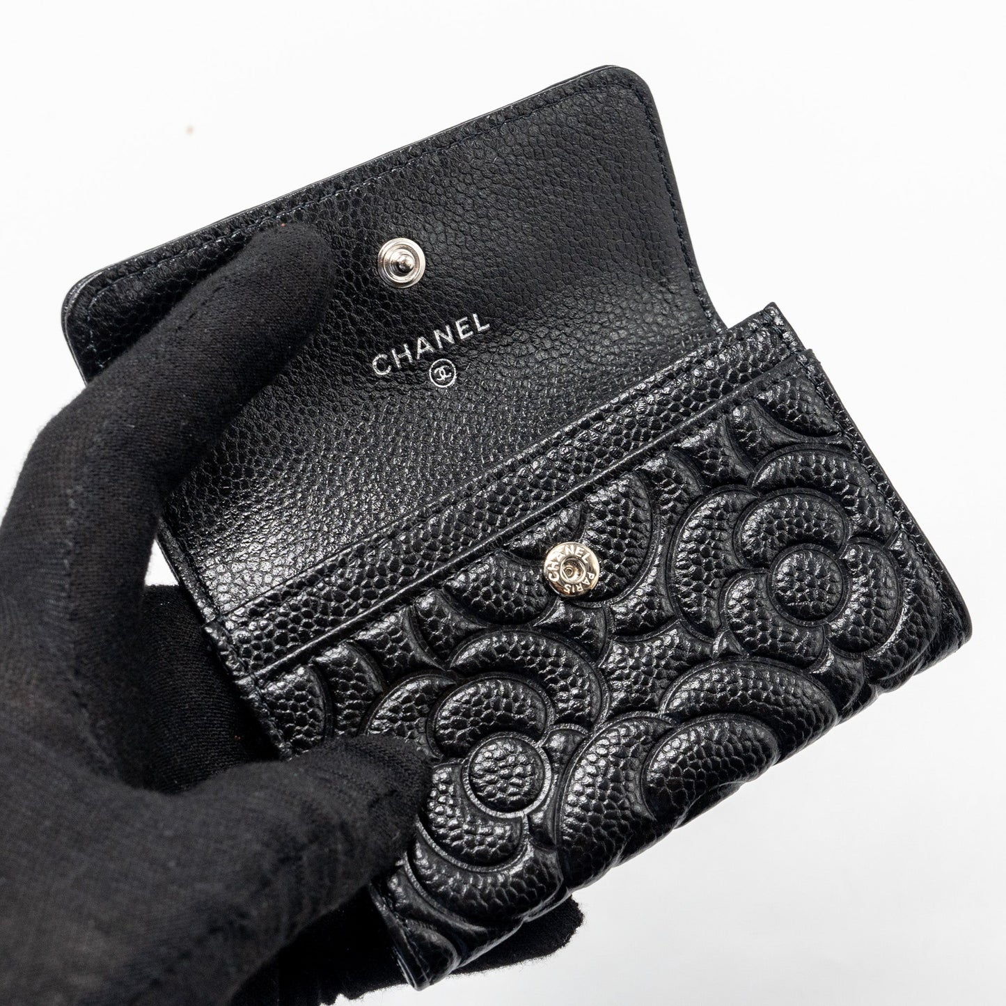 Chanel Camellia Embossed Card Holder Caviar Black