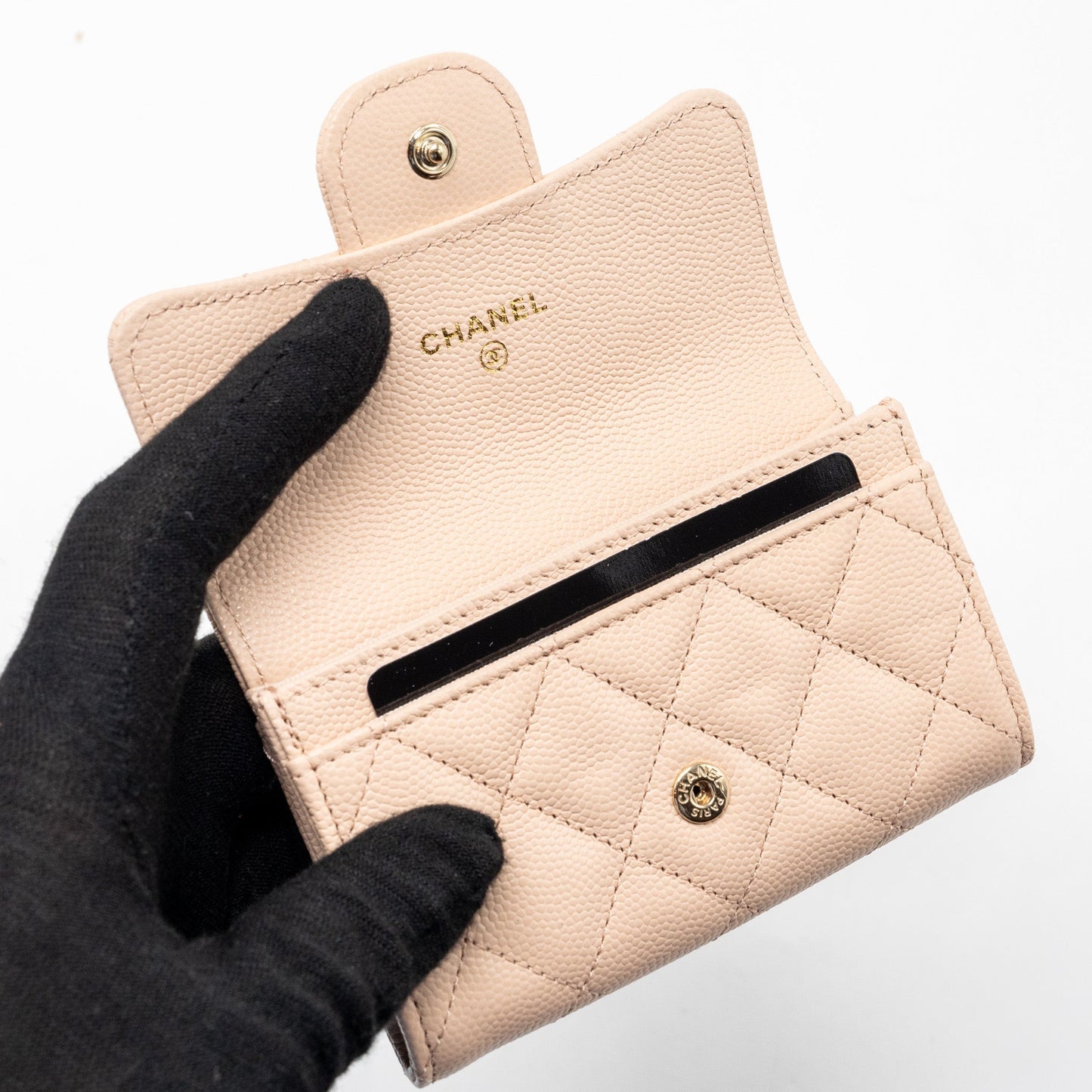 Chanel classic flap card holder caviar light beige L