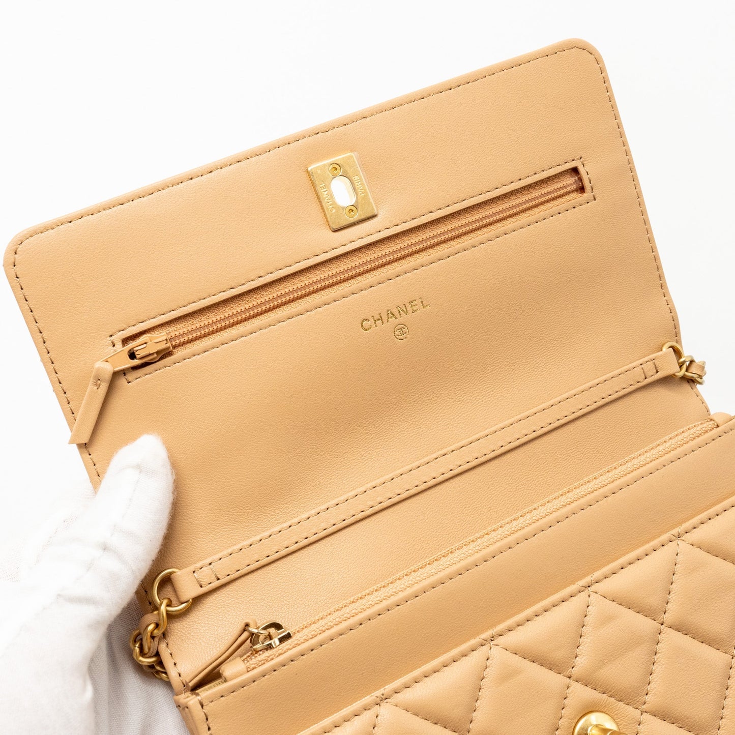 Chanel Pearl Crush Wallet On Chain Lambskin Beige  (microchip)