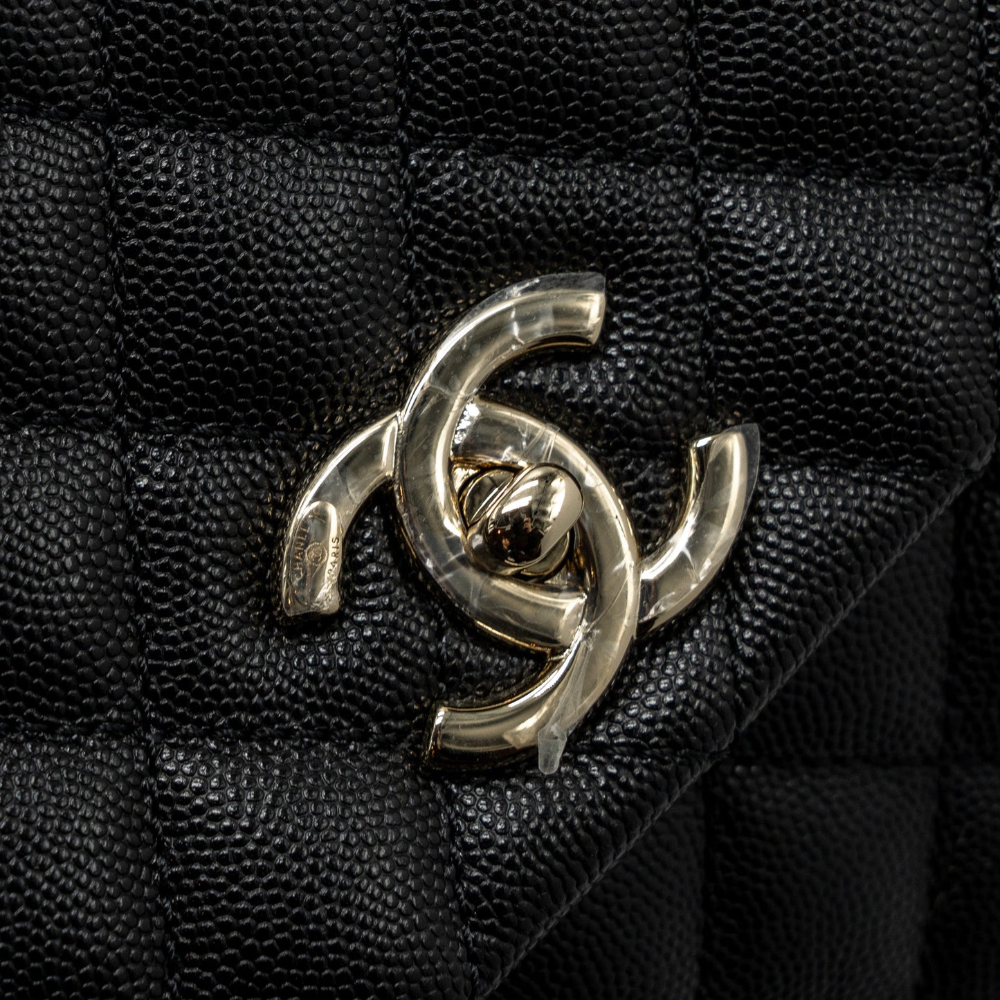Chanel Medium Coco Handle Flap Bag Lizard Embossed Handle Caviar Black L