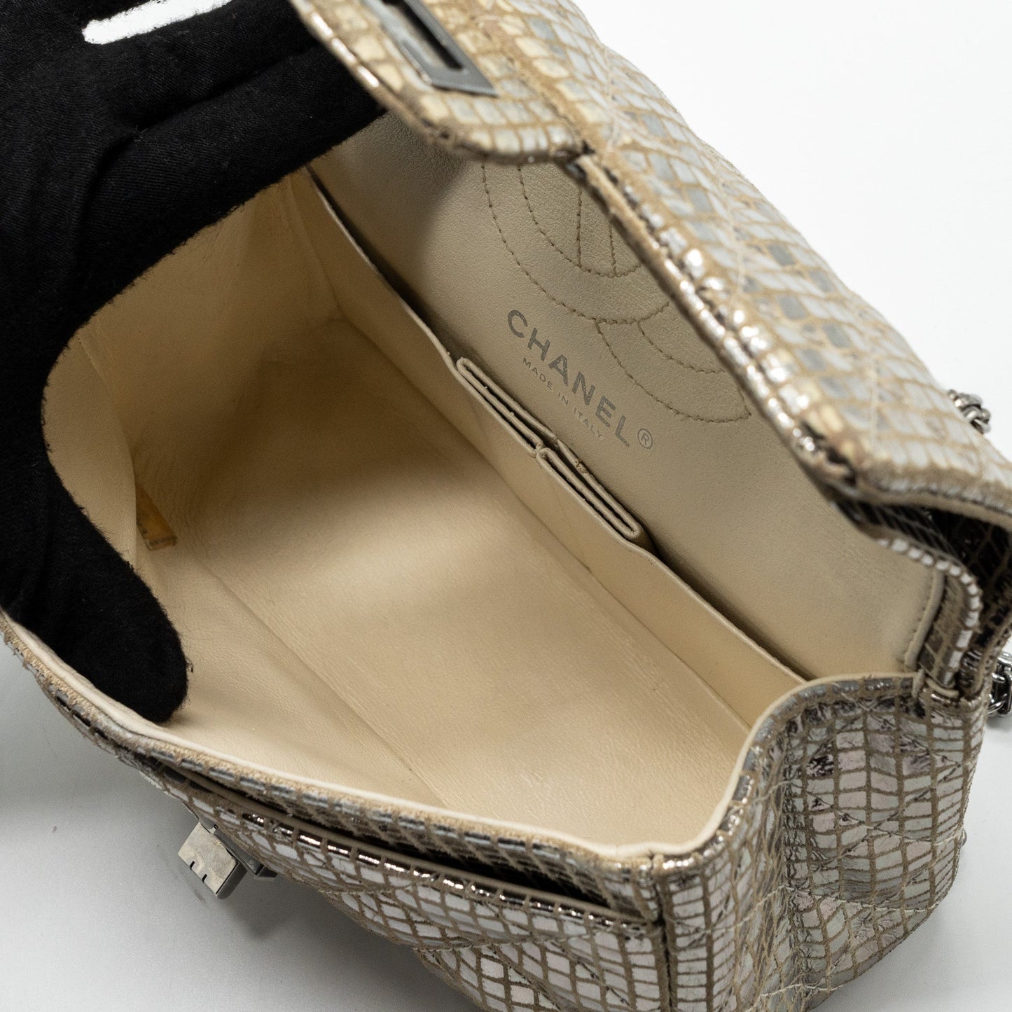 Chanel mini 2.55 reissue flap bag calfskin beige / silver