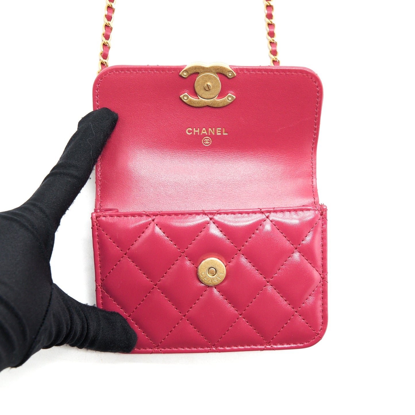 Chanel 21A Gold crush mini flap bag with chain calfskin raspberry pink
