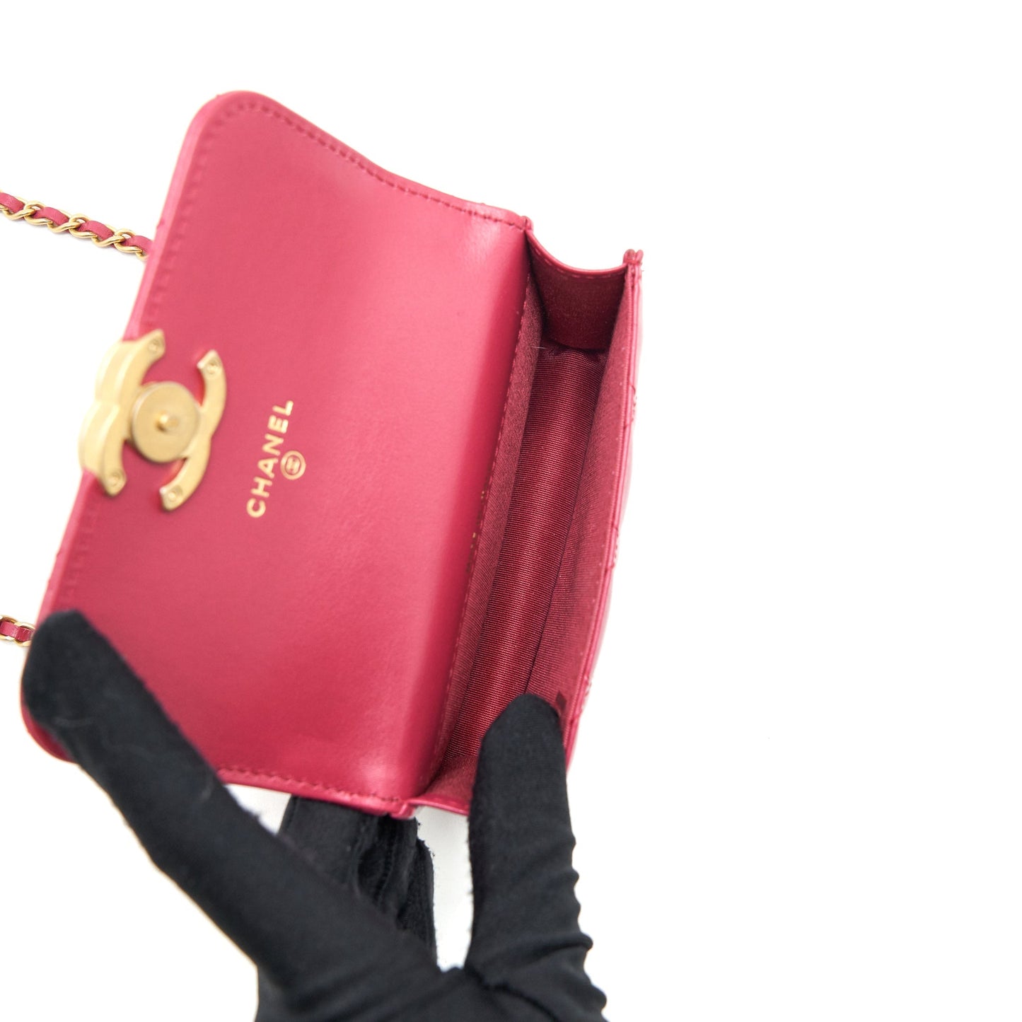 Chanel 21A Gold crush mini flap bag with chain calfskin raspberry pink