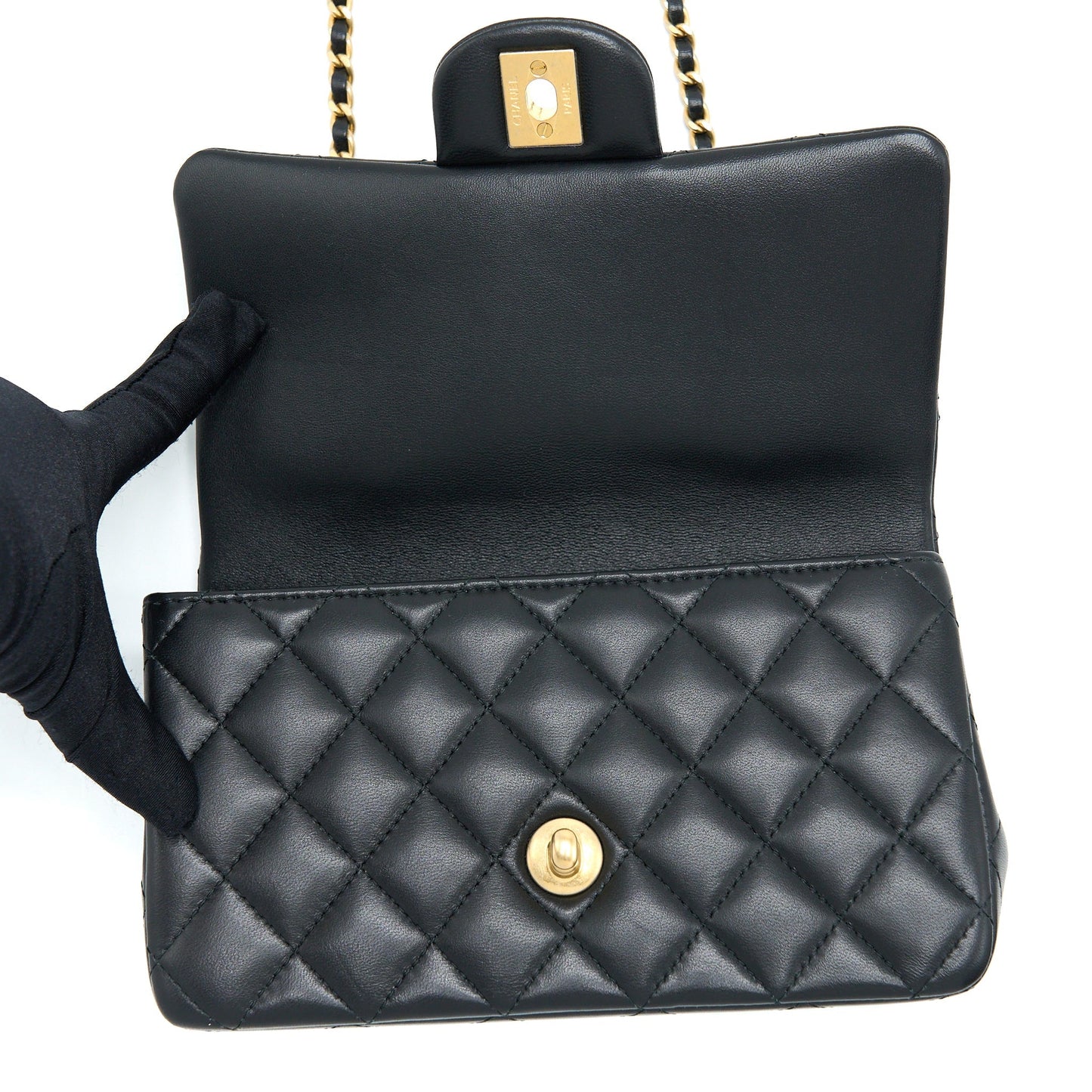 Chanel 21K Top Handle Mini Rectangular Flap Bag Lambskin Black Brushed (Microchip)