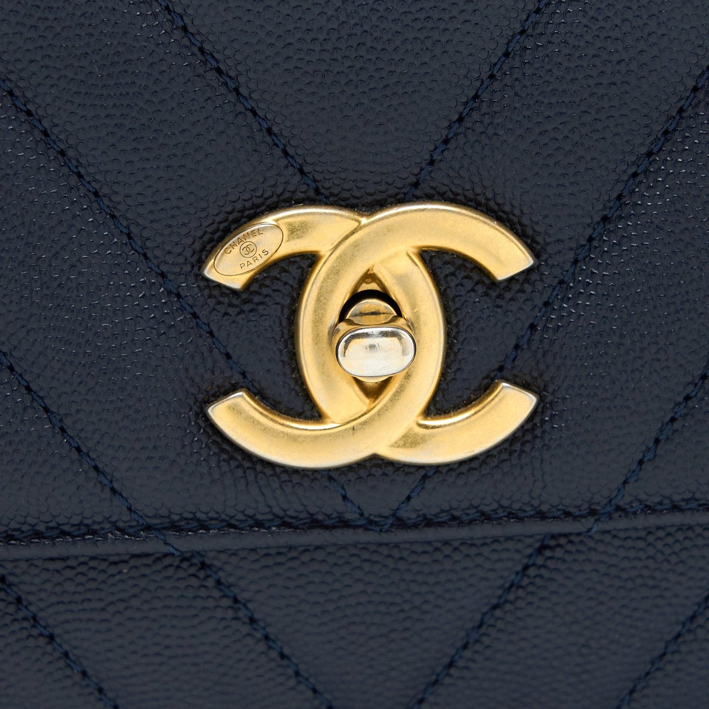 Chanel Medium Chevron Coco Handle Bag Caviar with Lizard Handle Navy Brushed