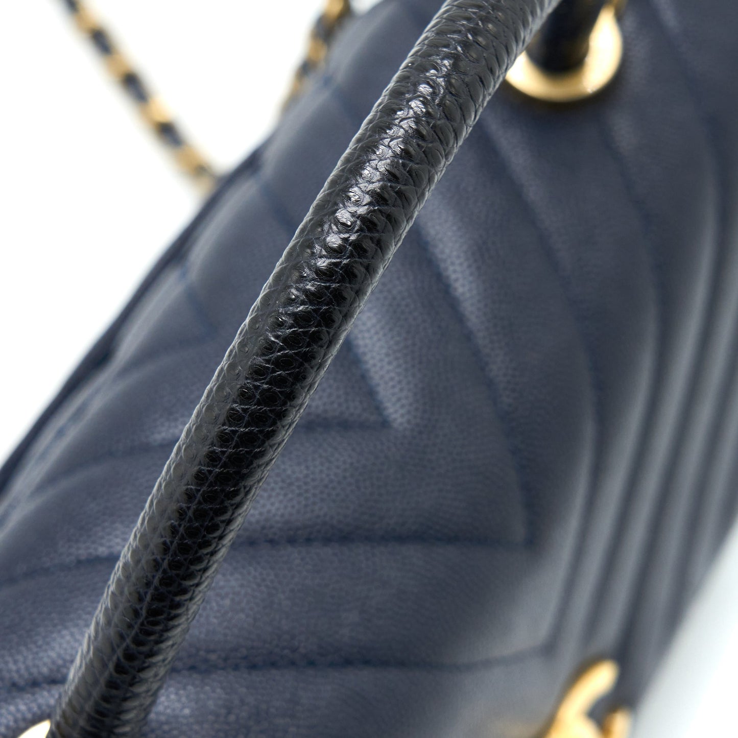 Chanel Medium Chevron Coco Handle Bag Caviar with Lizard Handle Navy Brushed