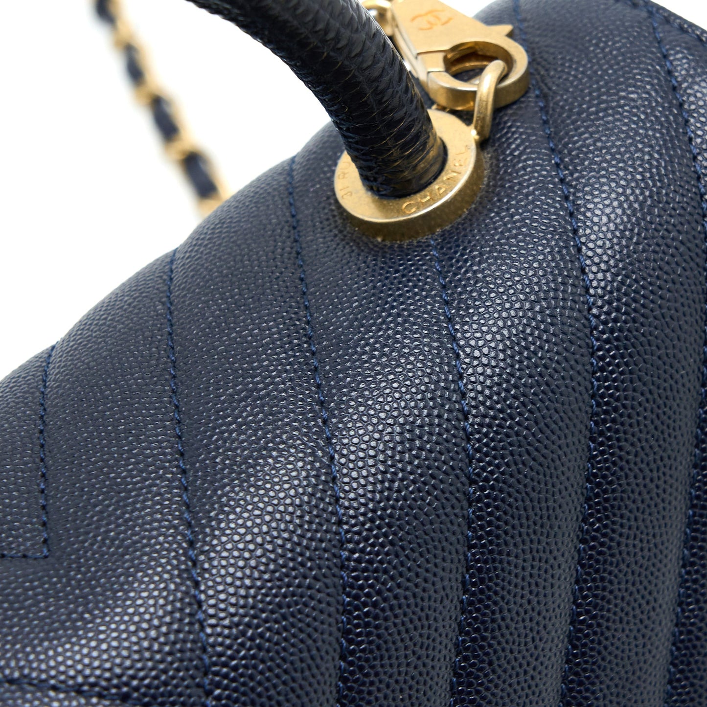 Chanel Medium Chevron Coco Handle Bag Caviar with Lizard Handle Navy Brushed