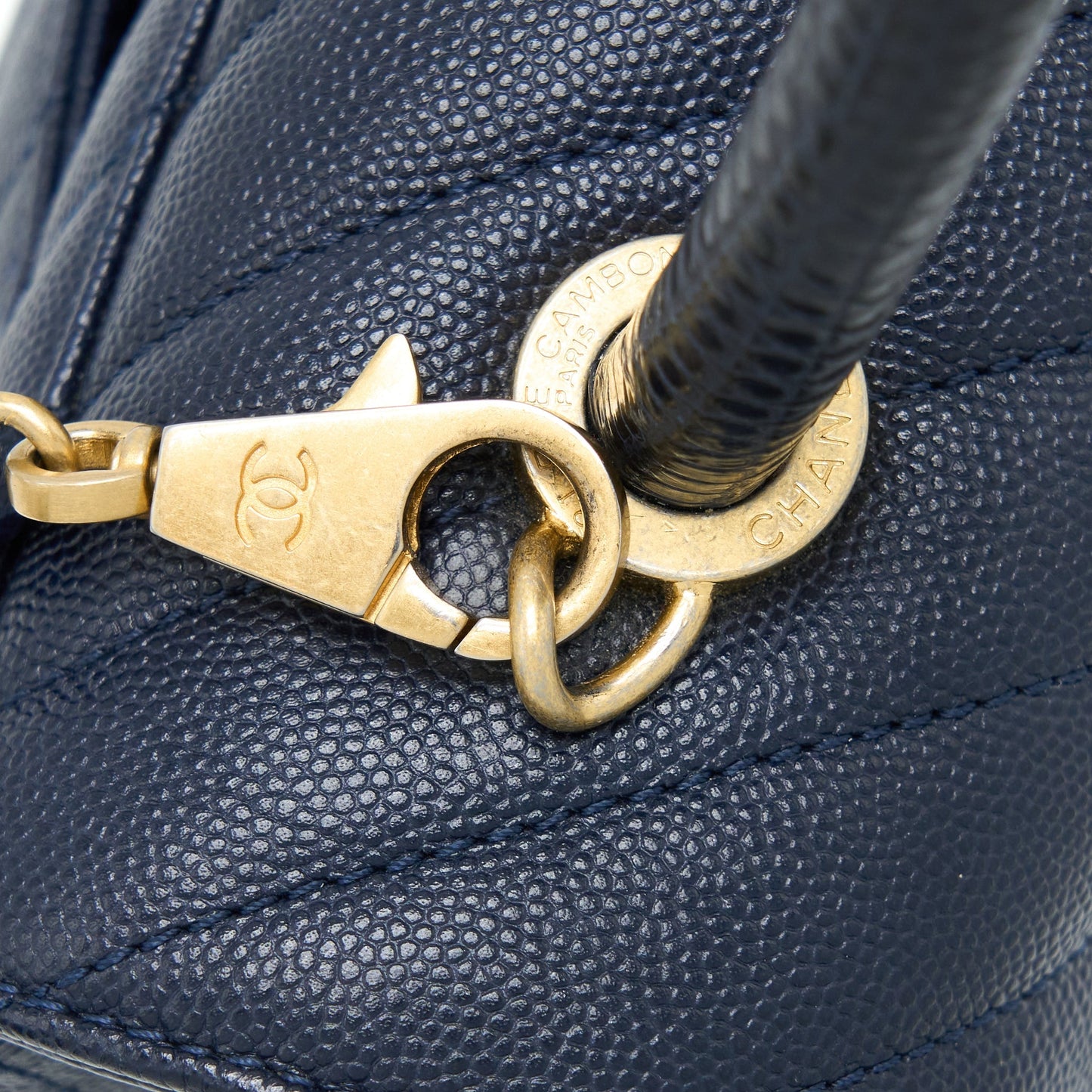 Chanel Medium Chevron Coco Handle Bag Caviar with Lizard Handle Navy Brushed