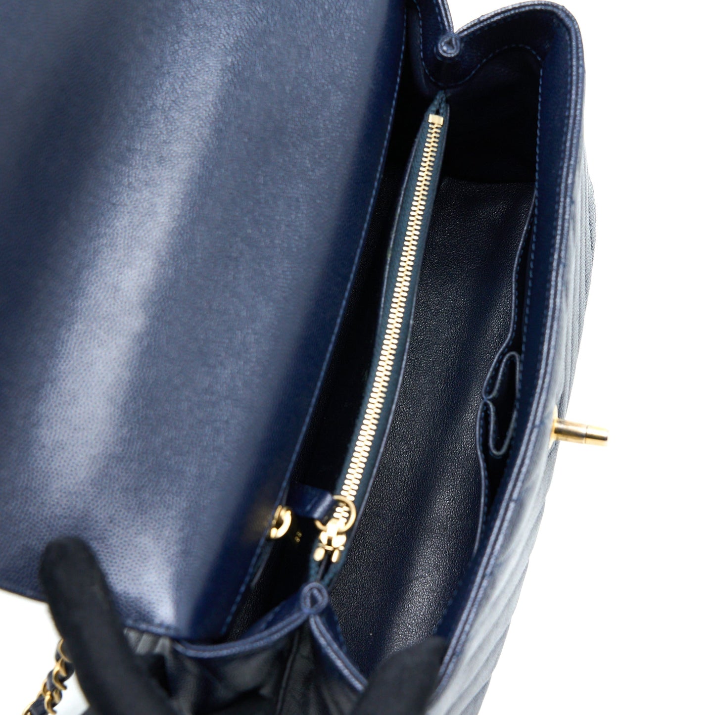 Chanel Medium Chevron Coco Handle Bag Caviar with Lizard Handle Navy Brushed