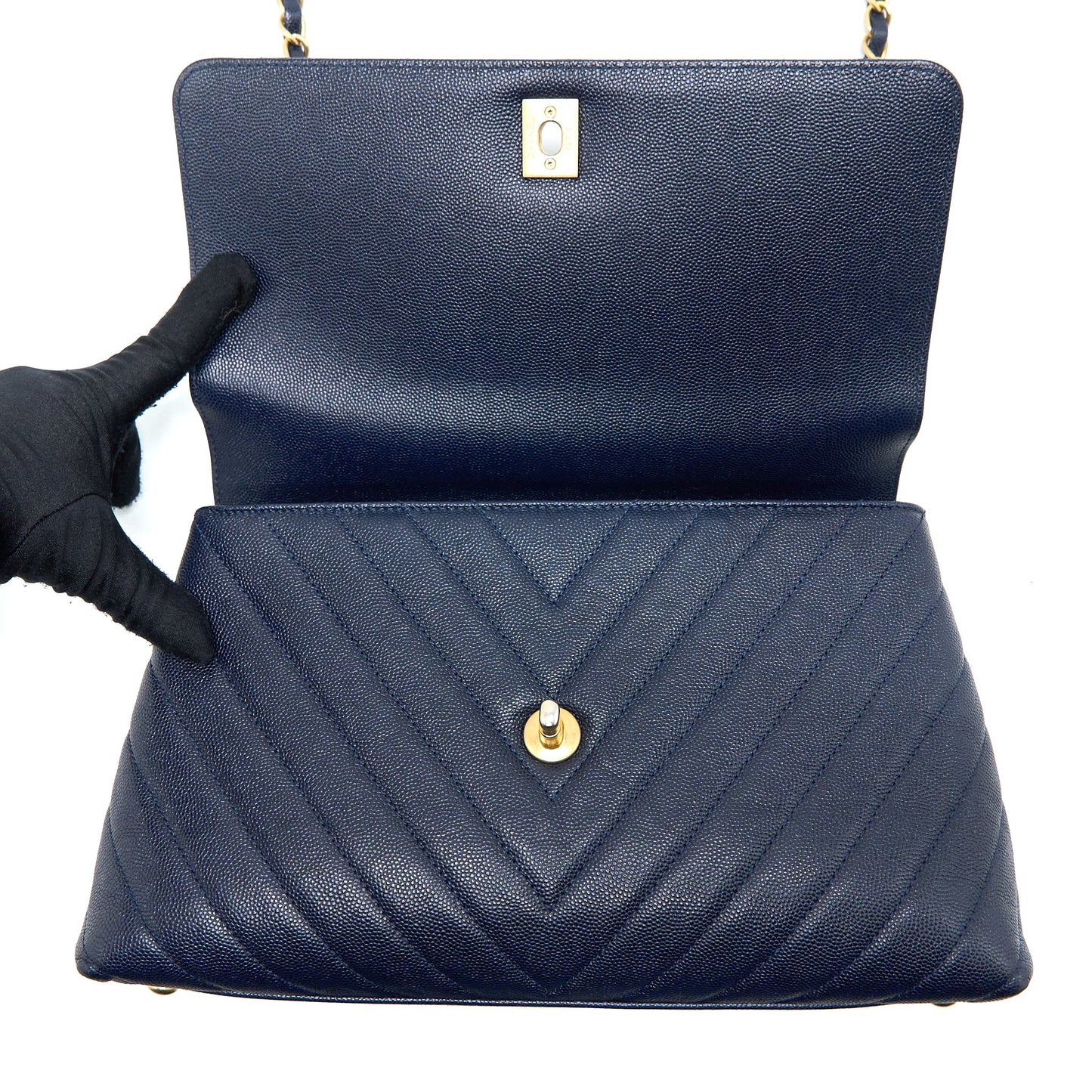 Chanel Medium Chevron Coco Handle Bag Caviar with Lizard Handle Navy Brushed