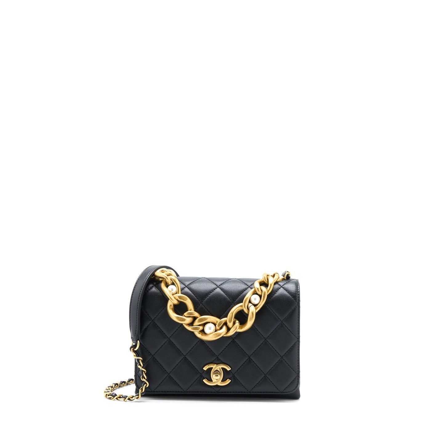 Chanel Seasonal Flap Bag Giant Chain Handle with Pearl Calfskin Black Brush  (Microchip)