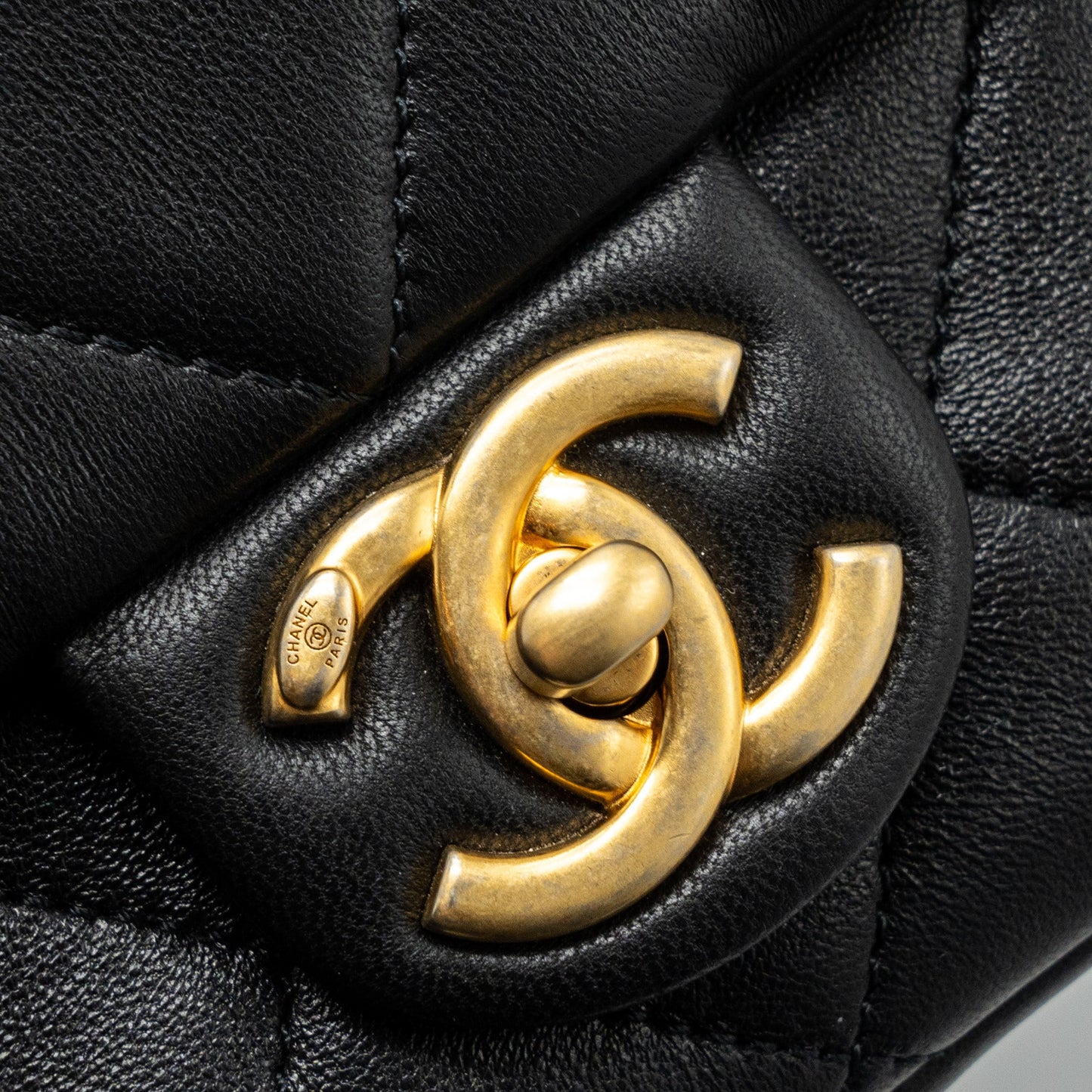 Chanel CIRCULAR HANDLE QUILTED FLAP BAG LAMBSKIN BLACK BRUSHED