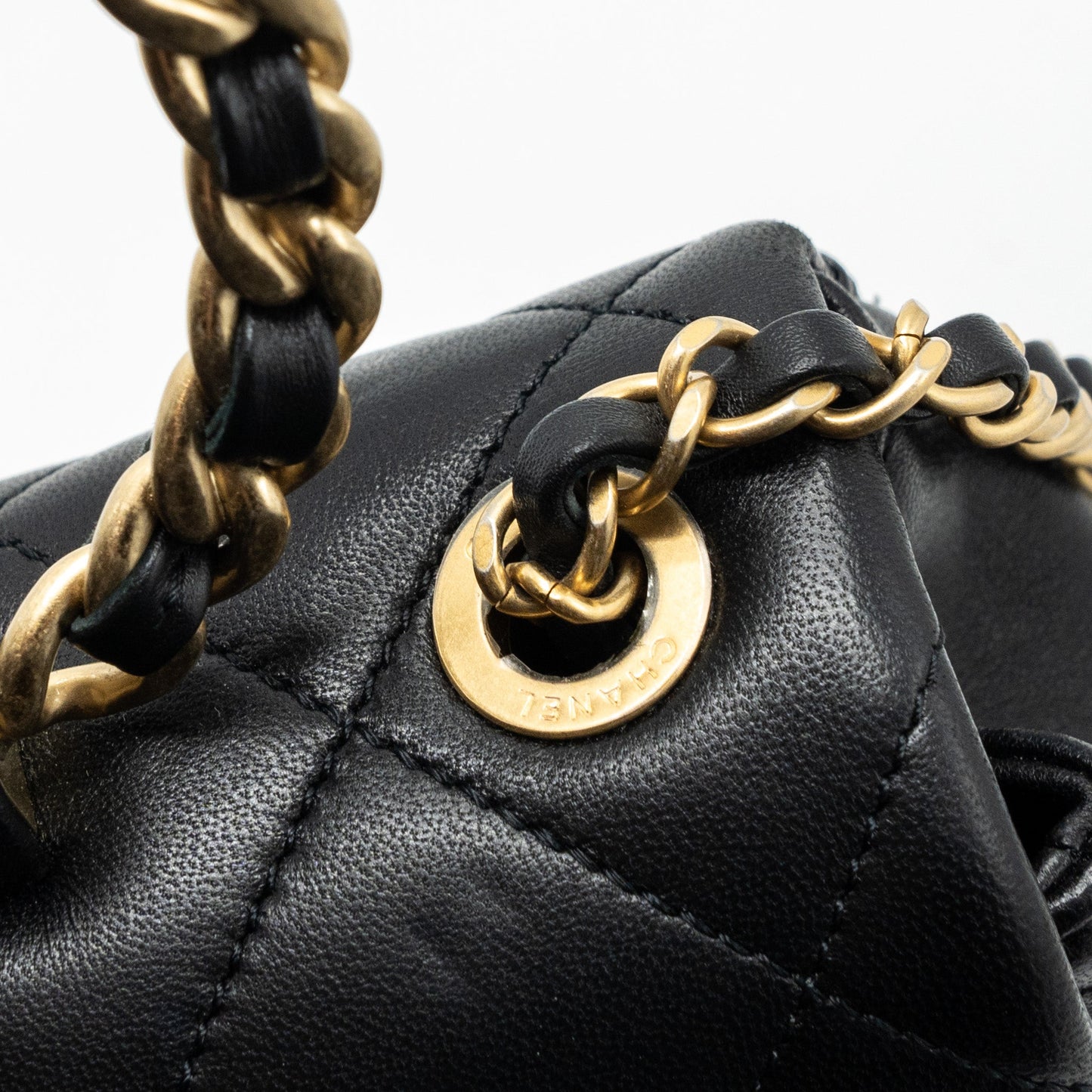 Chanel CIRCULAR HANDLE QUILTED FLAP BAG LAMBSKIN BLACK BRUSHED